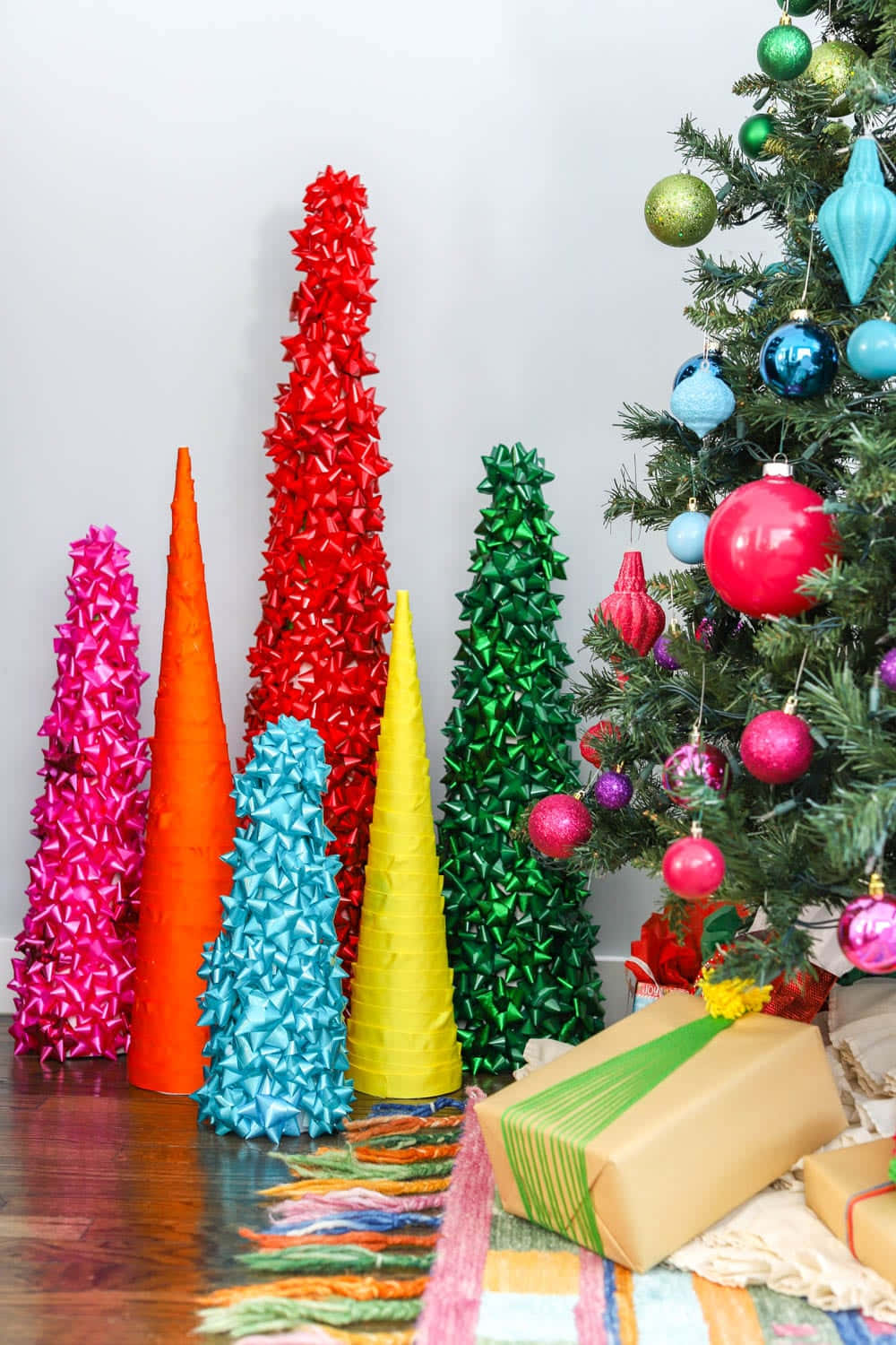 colorful Christmas cone decorations, metallic cone trees, Christmas tree, HD Phone Wallpaper