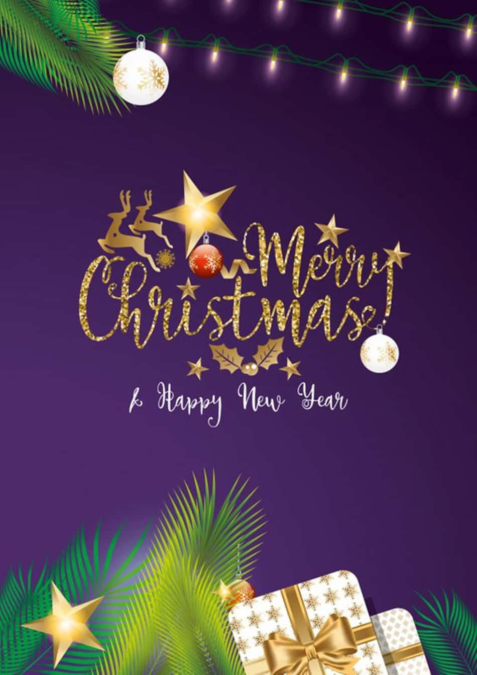 Purple Christmas, Golden glittery Merry Christmas and Happy New Year text, reindeer stars, HD Phone Wallpaper