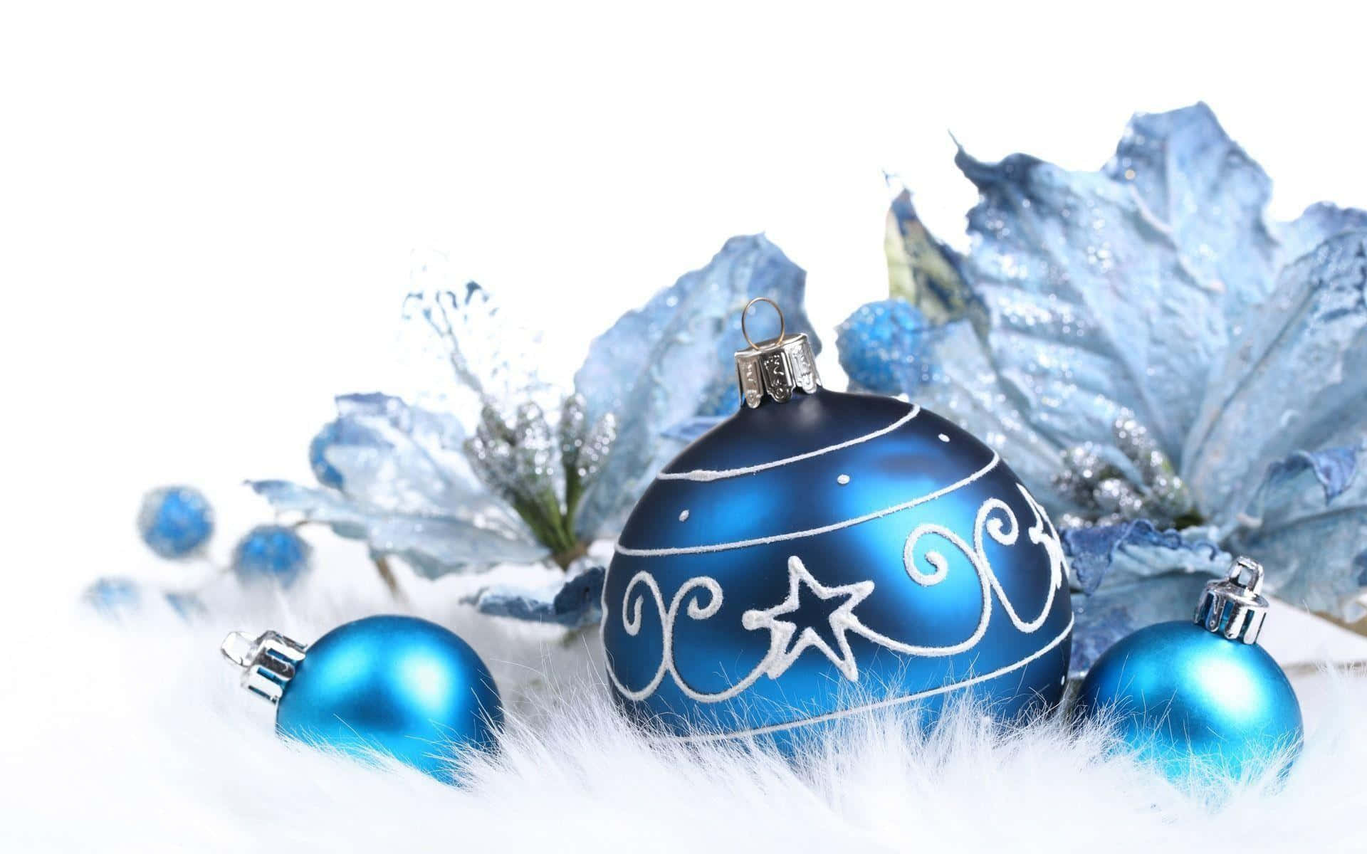 Blue Christmas Balls, shiny blue Christmas ornaments, silver swirls, Full HD Desktop Wallpaper
