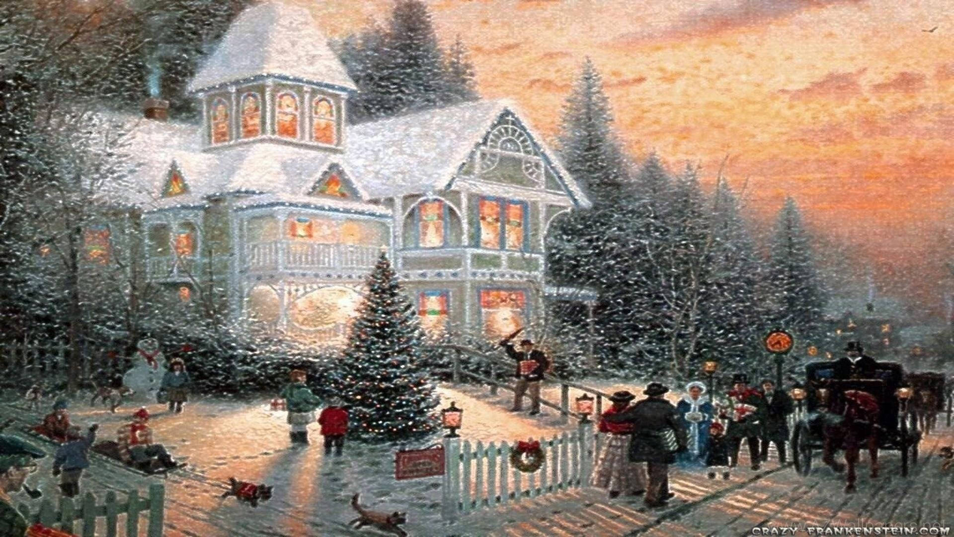 Victorian house, decorated tree, festive winter village, Full HD Desktop Wallpaper