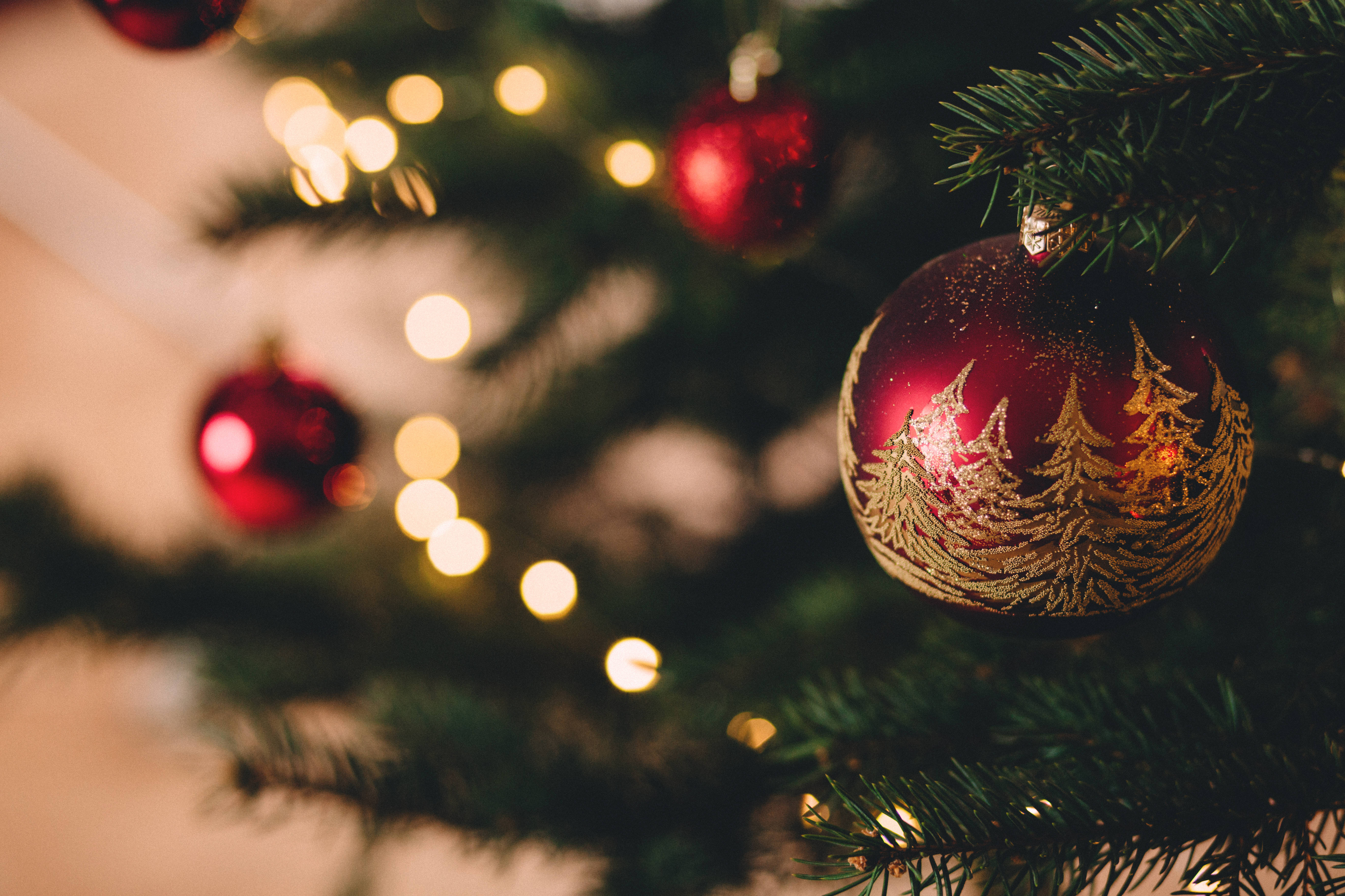 red Christmas ball, gold pine tree designs, green tree, 5K Desktop Wallpaper