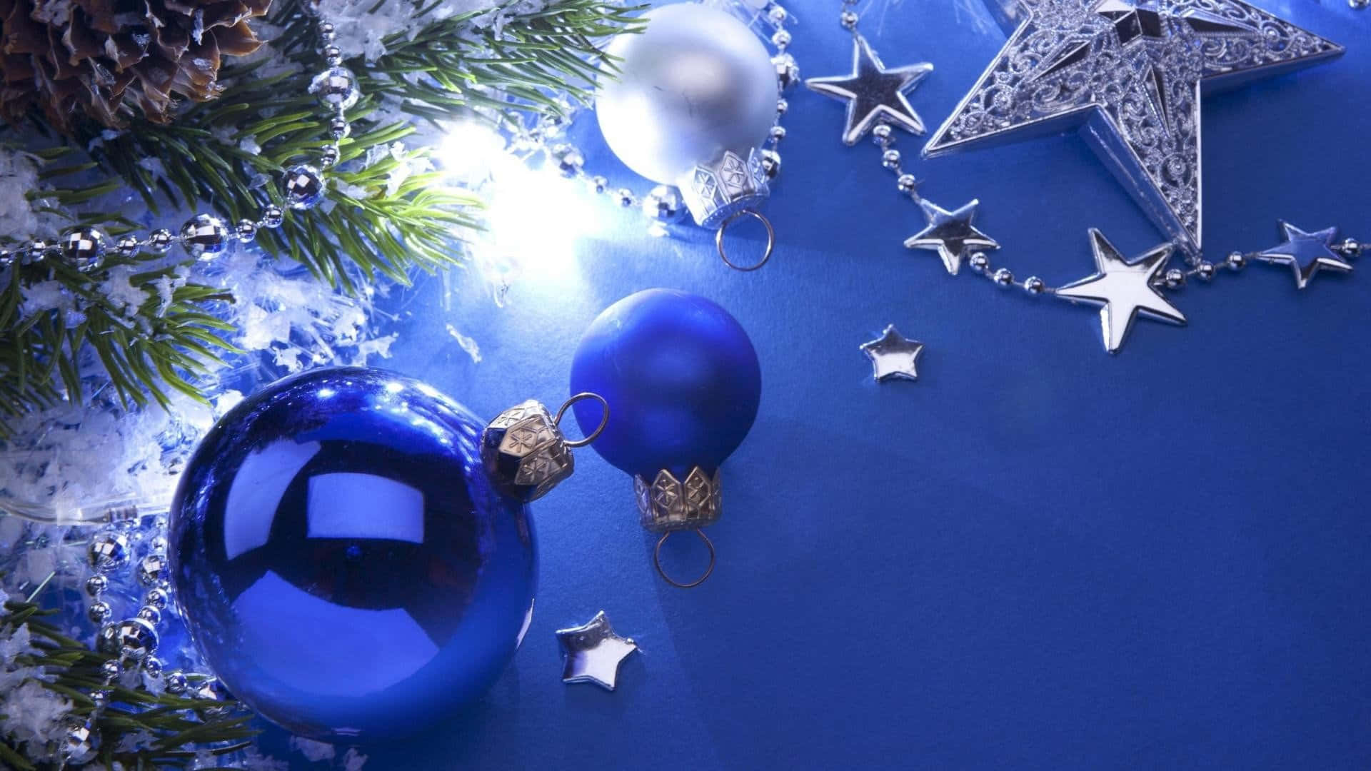 Blue Christmas, shiny blue ornaments, silver stars, Full HD Desktop Wallpaper