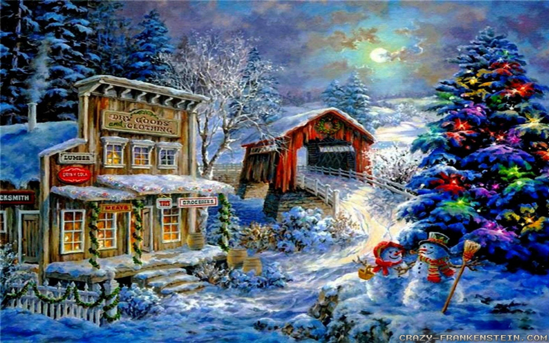 snowy winter village, night, lit-up Christmas tree, Full HD Desktop Wallpaper