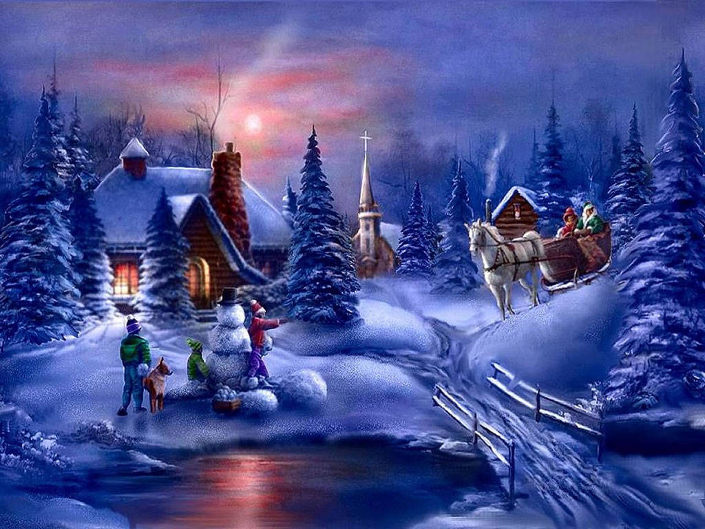 snowman, cozy cabin, sleigh, SD Desktop Wallpaper