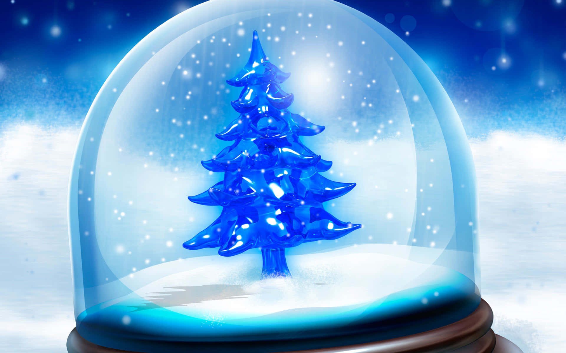 glowing blue glass Christmas tree, snow globe, falling snow, Full HD Desktop Wallpaper