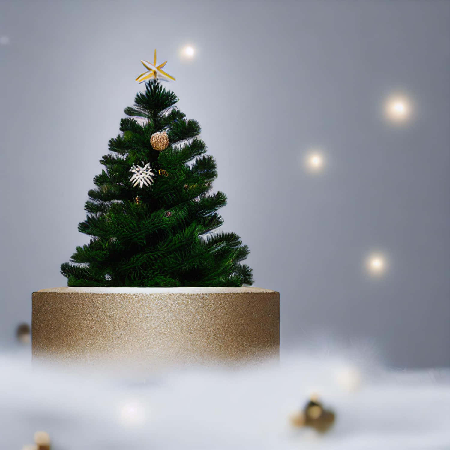 3D Christmas Scene, gold star, snowflake ornaments, HD Desktop Wallpaper