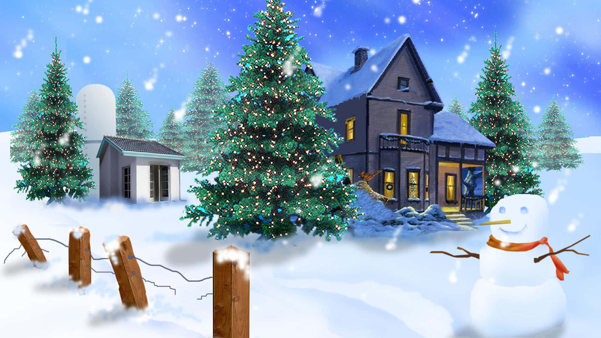 3D Christmas Scene, snow-covered house, warm lights, Full HD Desktop Wallpaper