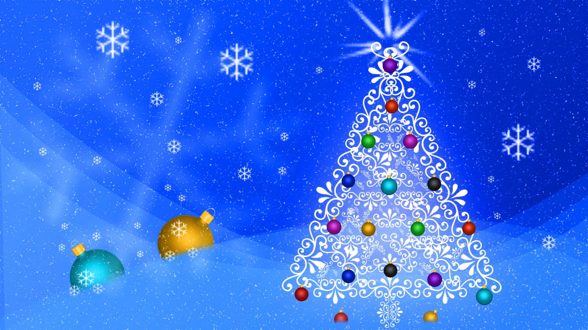 3D Christmas Scene, white ornate Christmas tree, colorful baubles, Full HD Desktop Wallpaper
