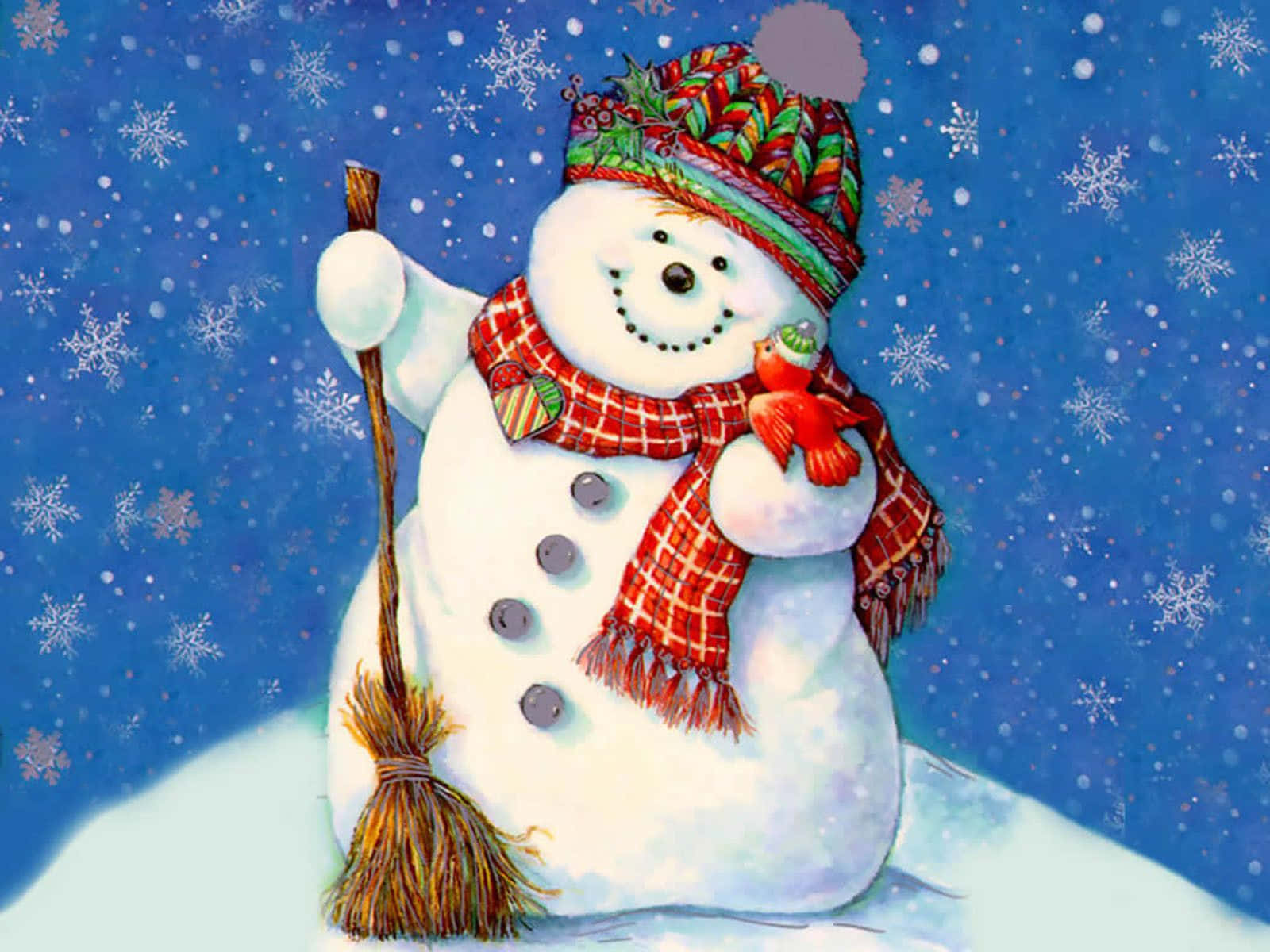 Christmas snowman, Christmas tree, colorful hat, HD Desktop Wallpaper