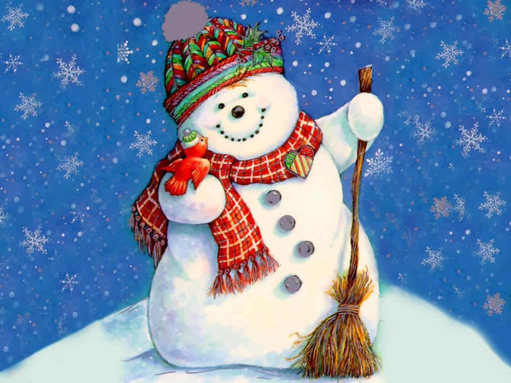 Christmas Snowman, colorful hat, red plaid scarf, SD Desktop Wallpaper