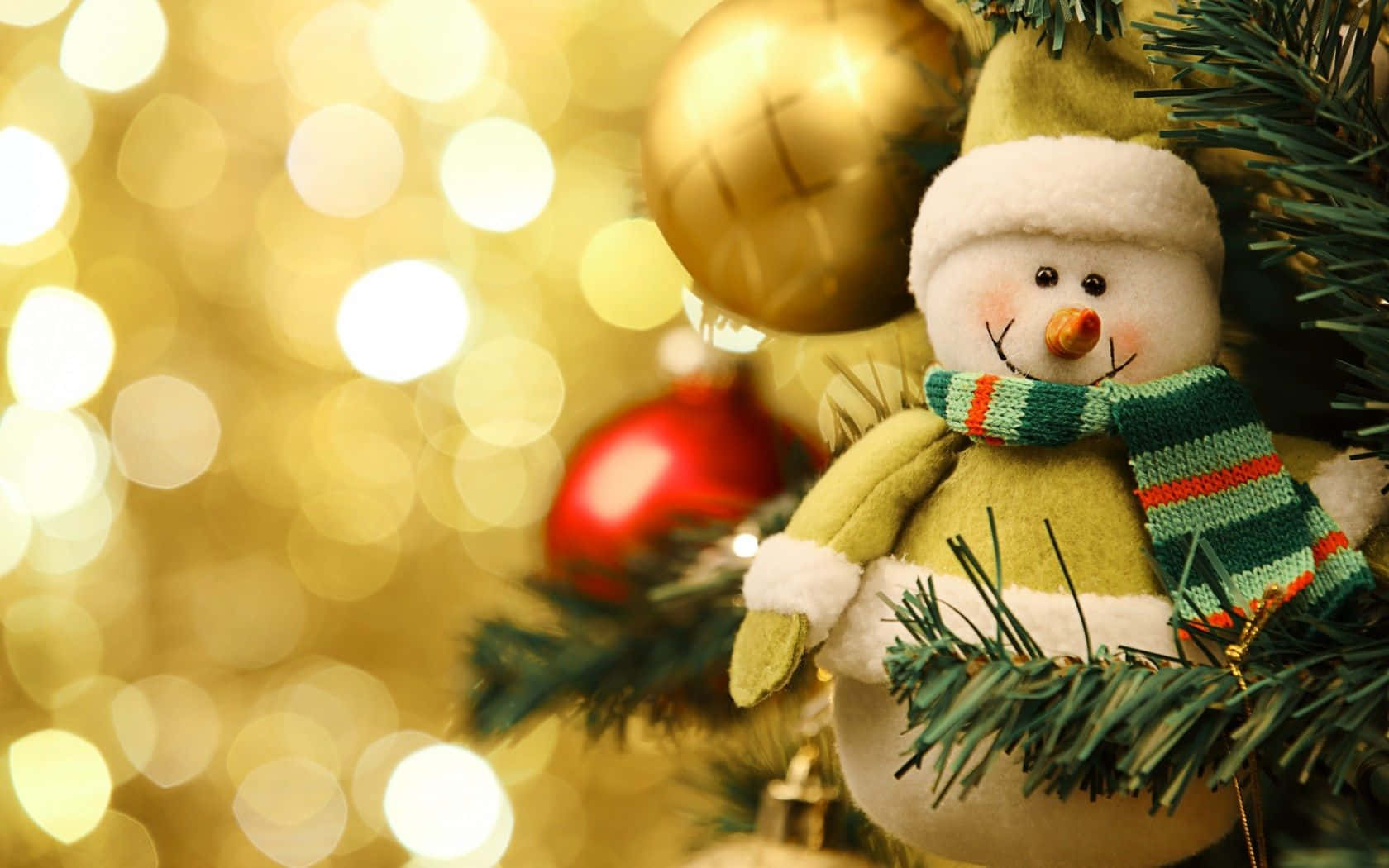 Christmas Snowman, red baubles, gold balls, HD Desktop Wallpaper