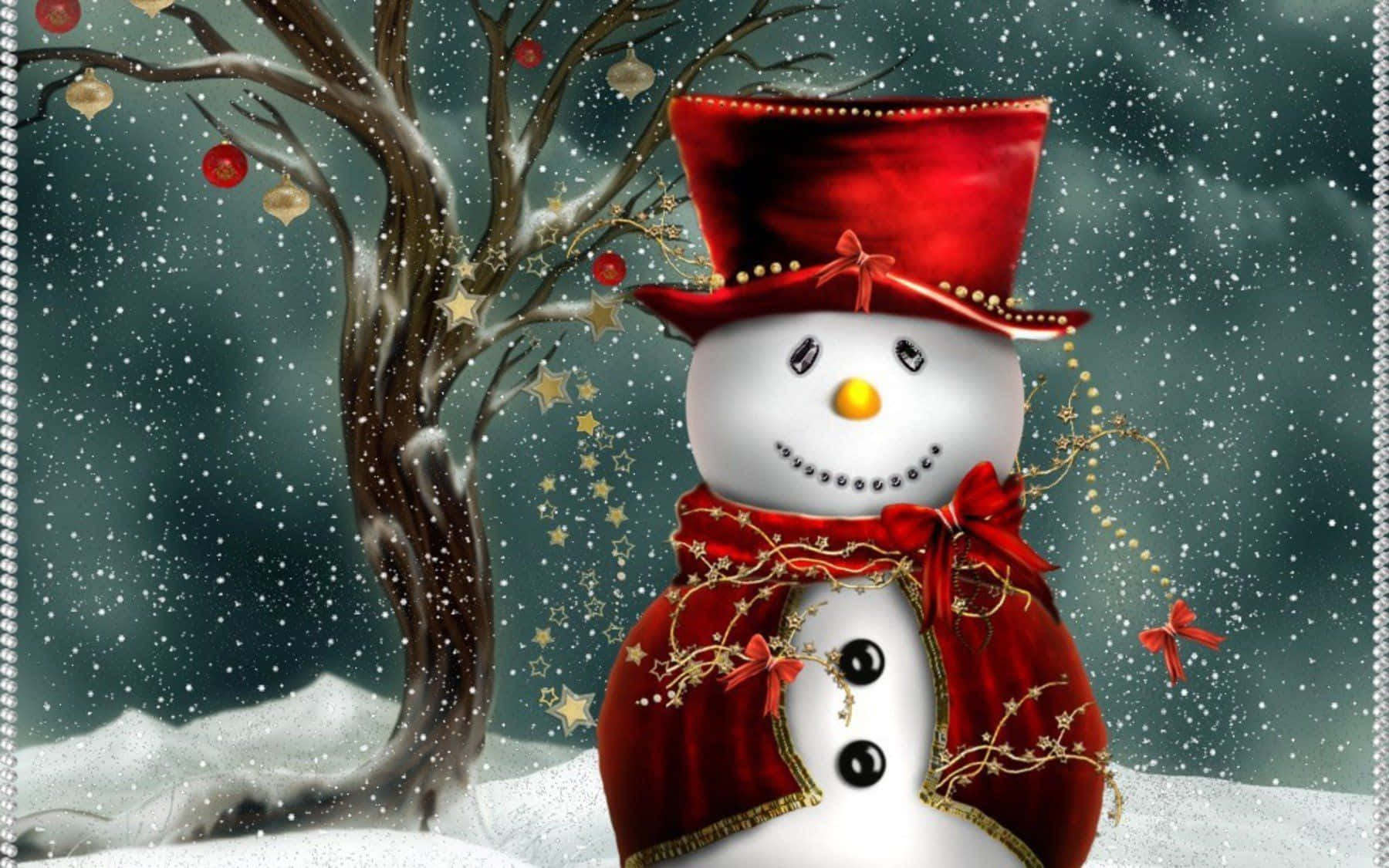 Christmas Snowman, red velvet top hat, scarf, HD Desktop Wallpaper