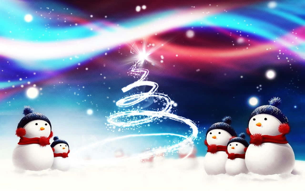 Christmas Snowman, glowing spiral Christmas tree, vibrant cosmic sky, HD Desktop Wallpaper