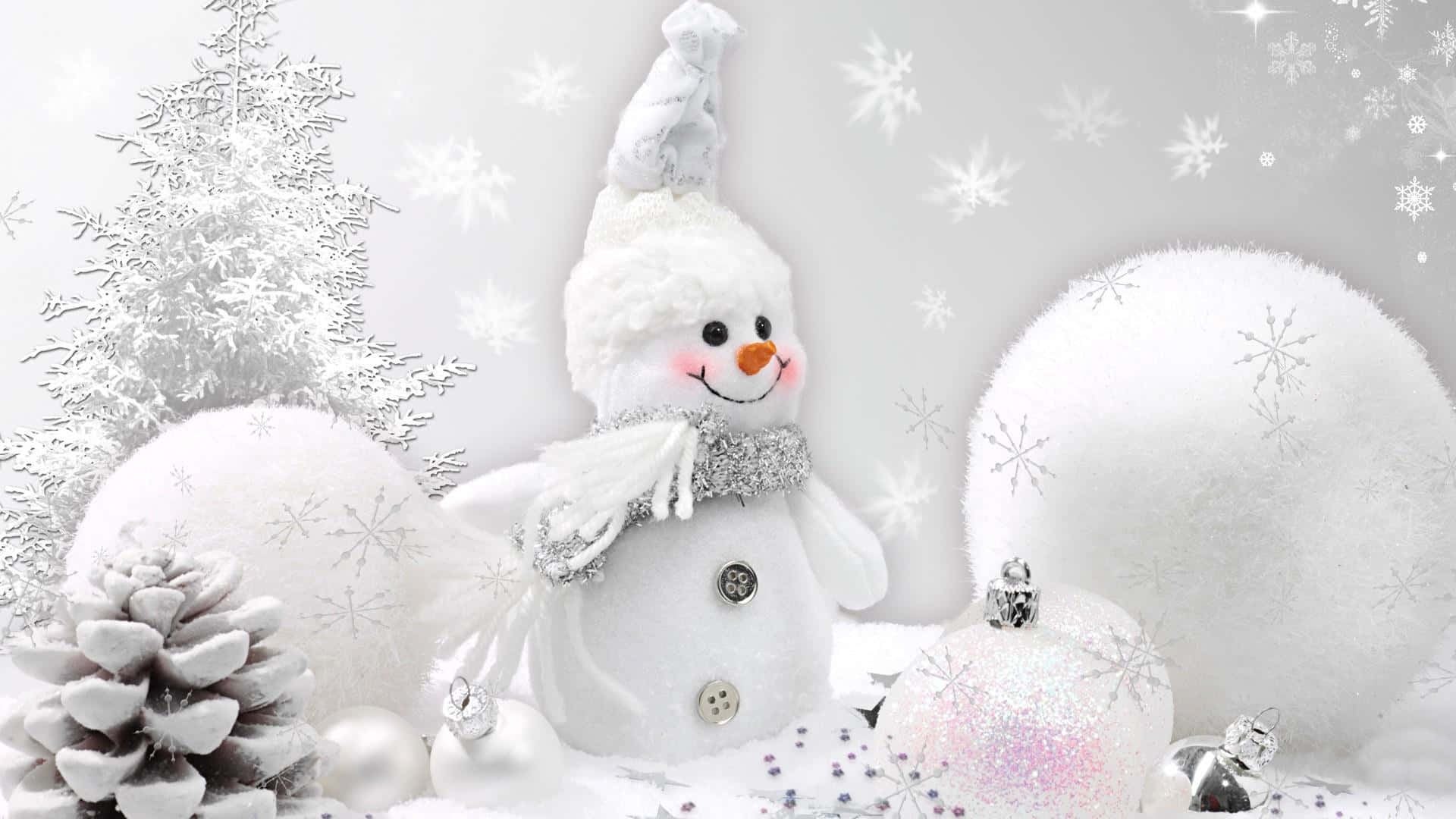 Christmas Snowman, snowy pinecones, ornaments, Full HD Desktop Wallpaper
