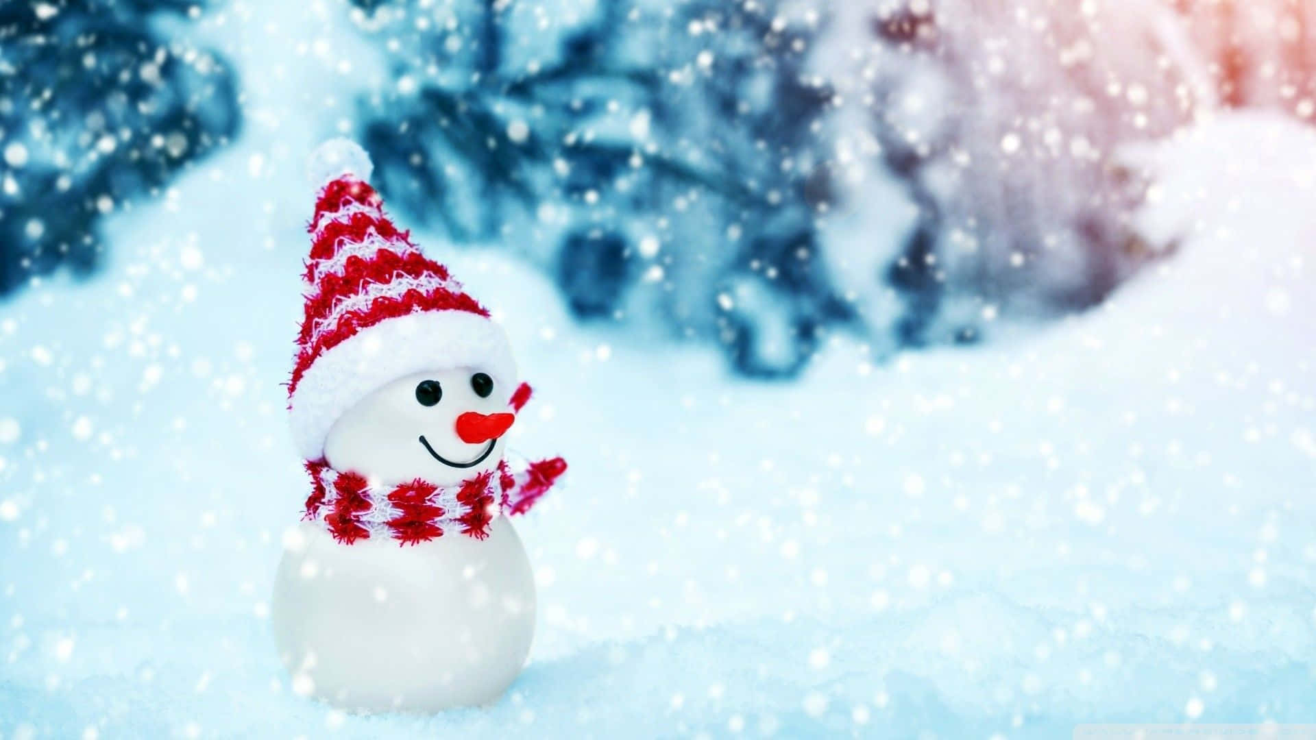 Christmas Snowman, red and white striped hat, red and white striped scarf, Full HD Desktop Wallpaper