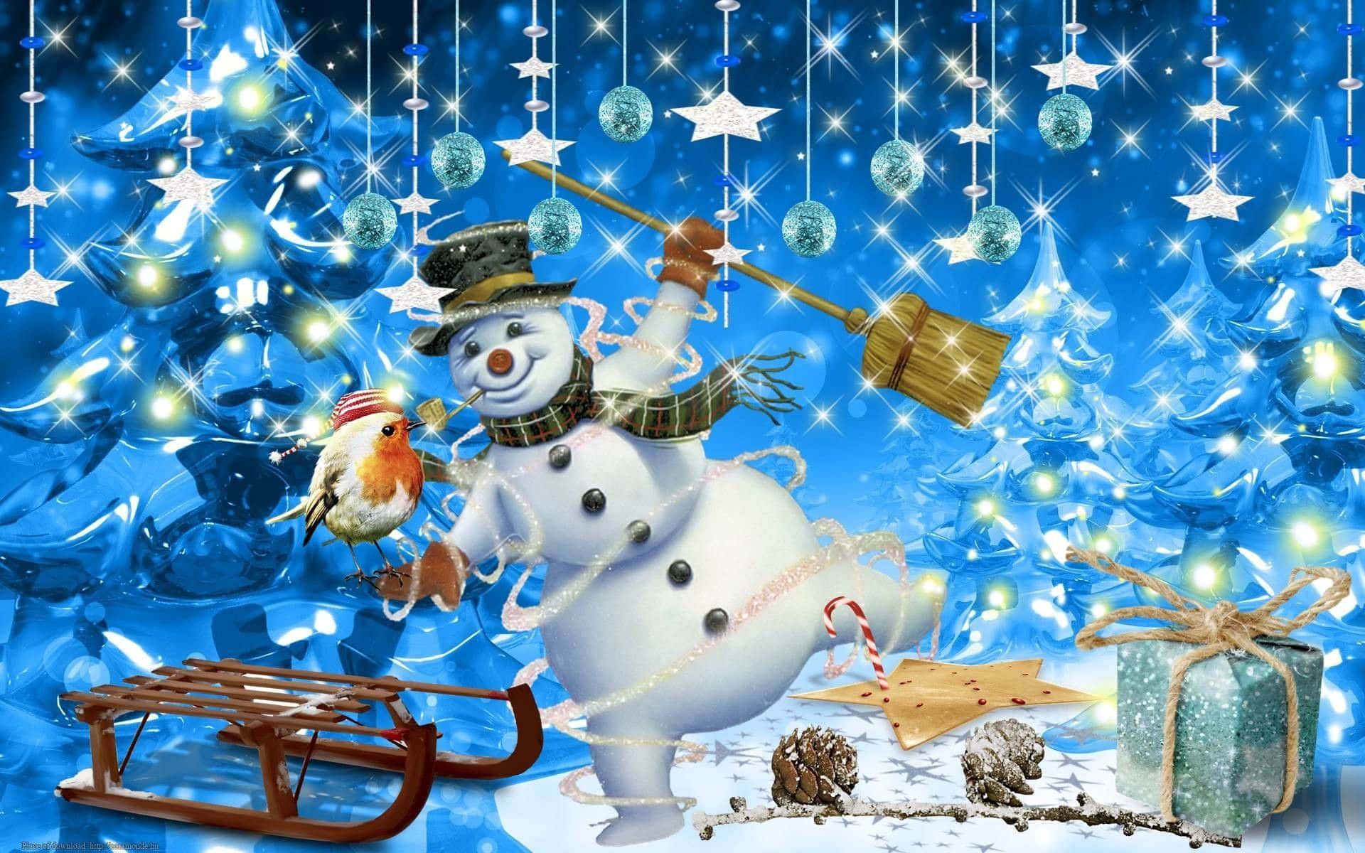 Christmas snowman, top hat, scarf, Full HD Desktop Wallpaper