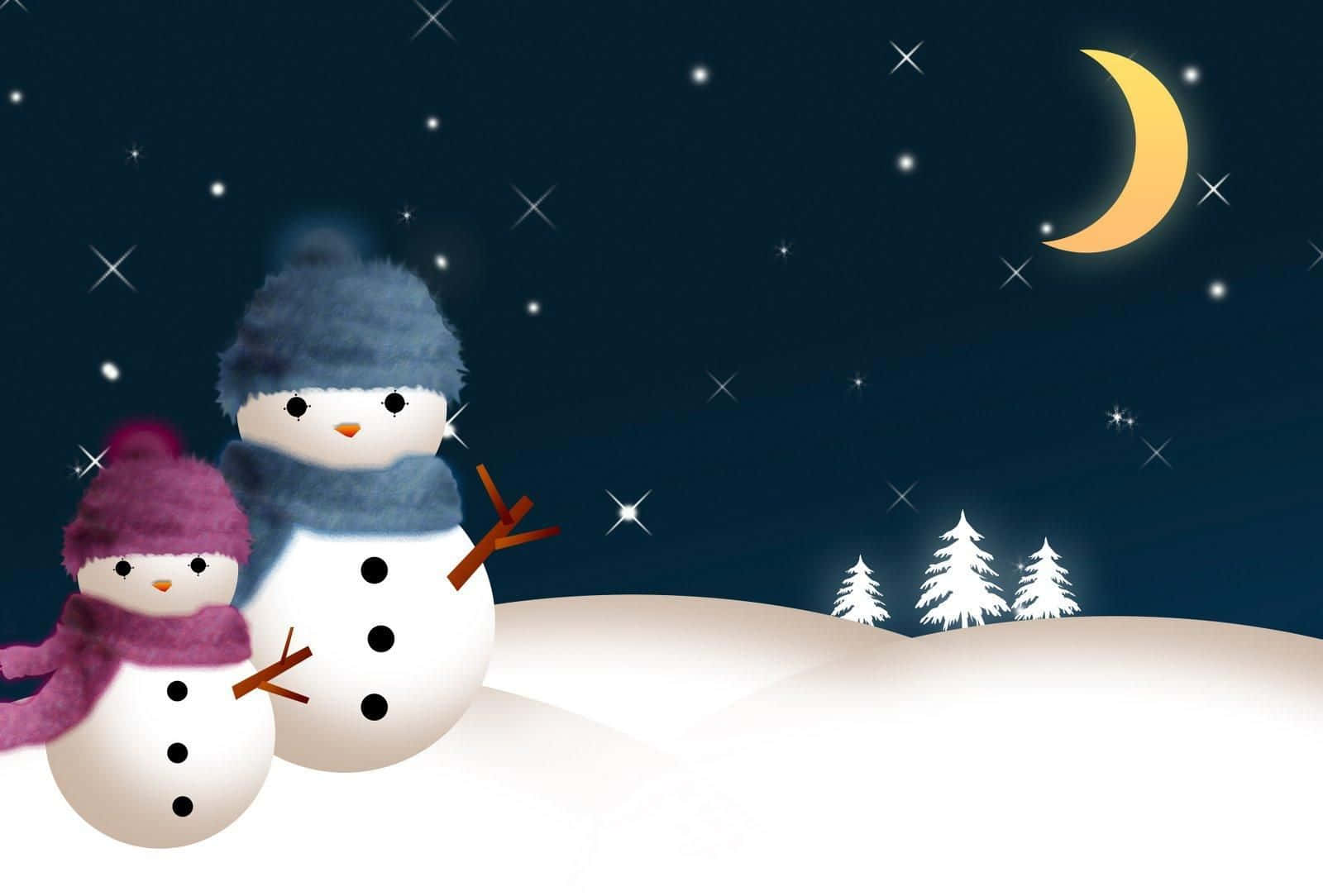 Christmas Snowman, starry night sky, crescent moon, HD Desktop Wallpaper