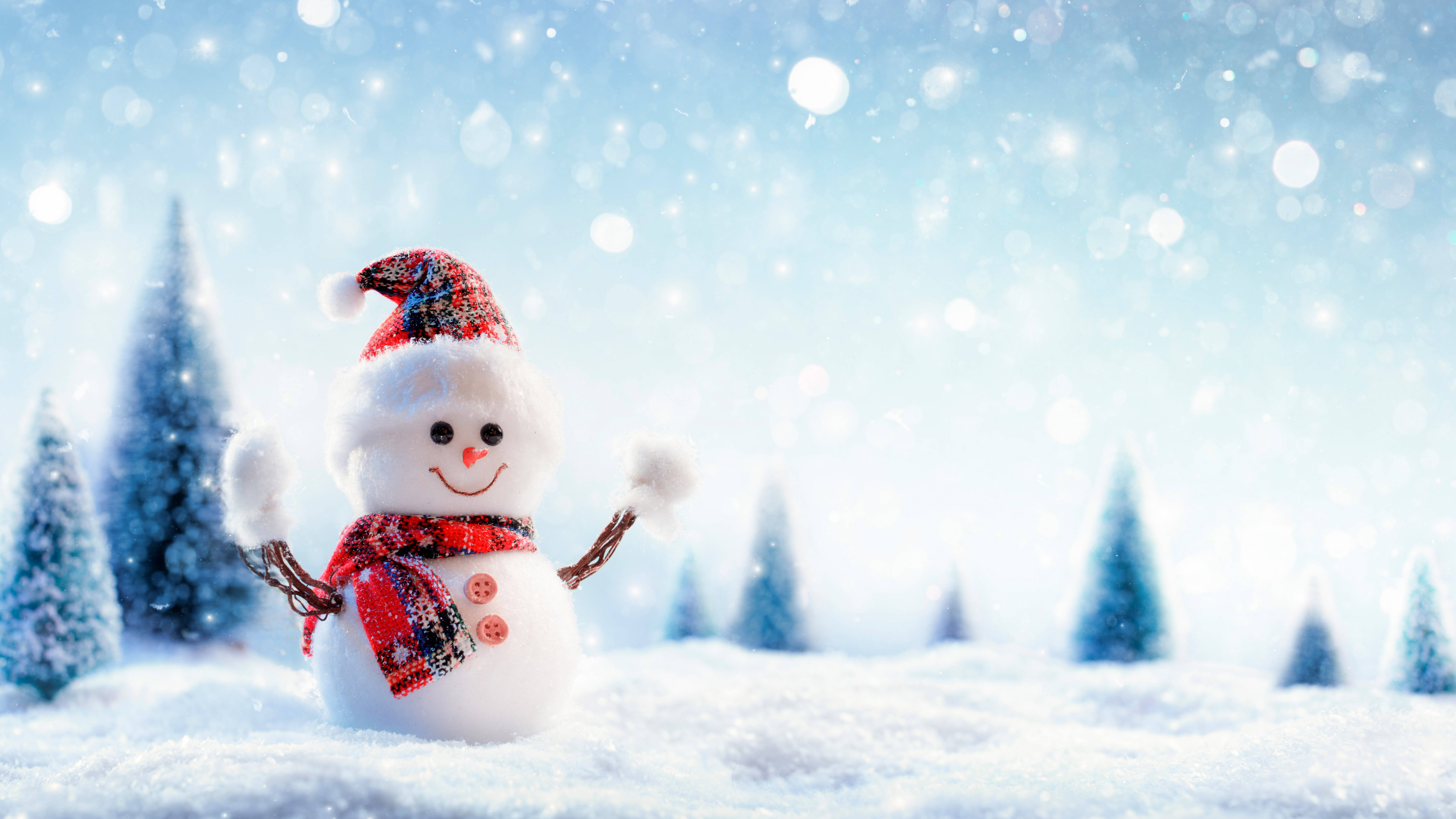 Snowy Christmas Snowman, red plaid hat, red plaid scarf, 8K Desktop Wallpaper