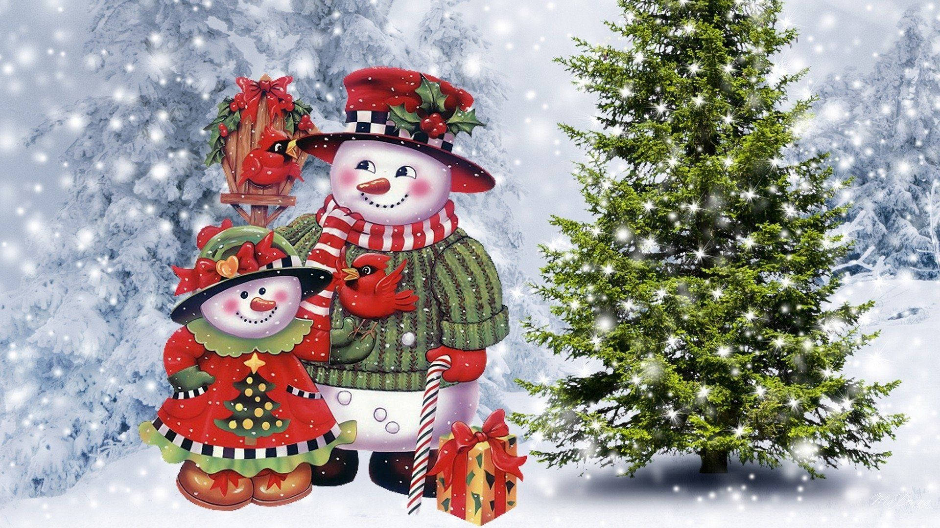 snowman family, festive red attire, glowing Christmas tree, Full HD Desktop Wallpaper
