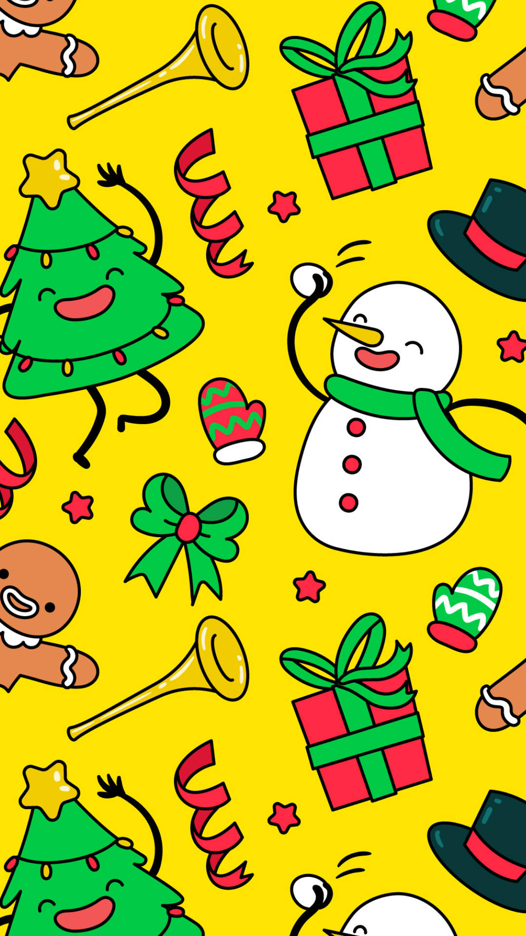 Cute Christmas Snowman, yellow background, cartoon Christmas trees, Full HD Phone Wallpaper