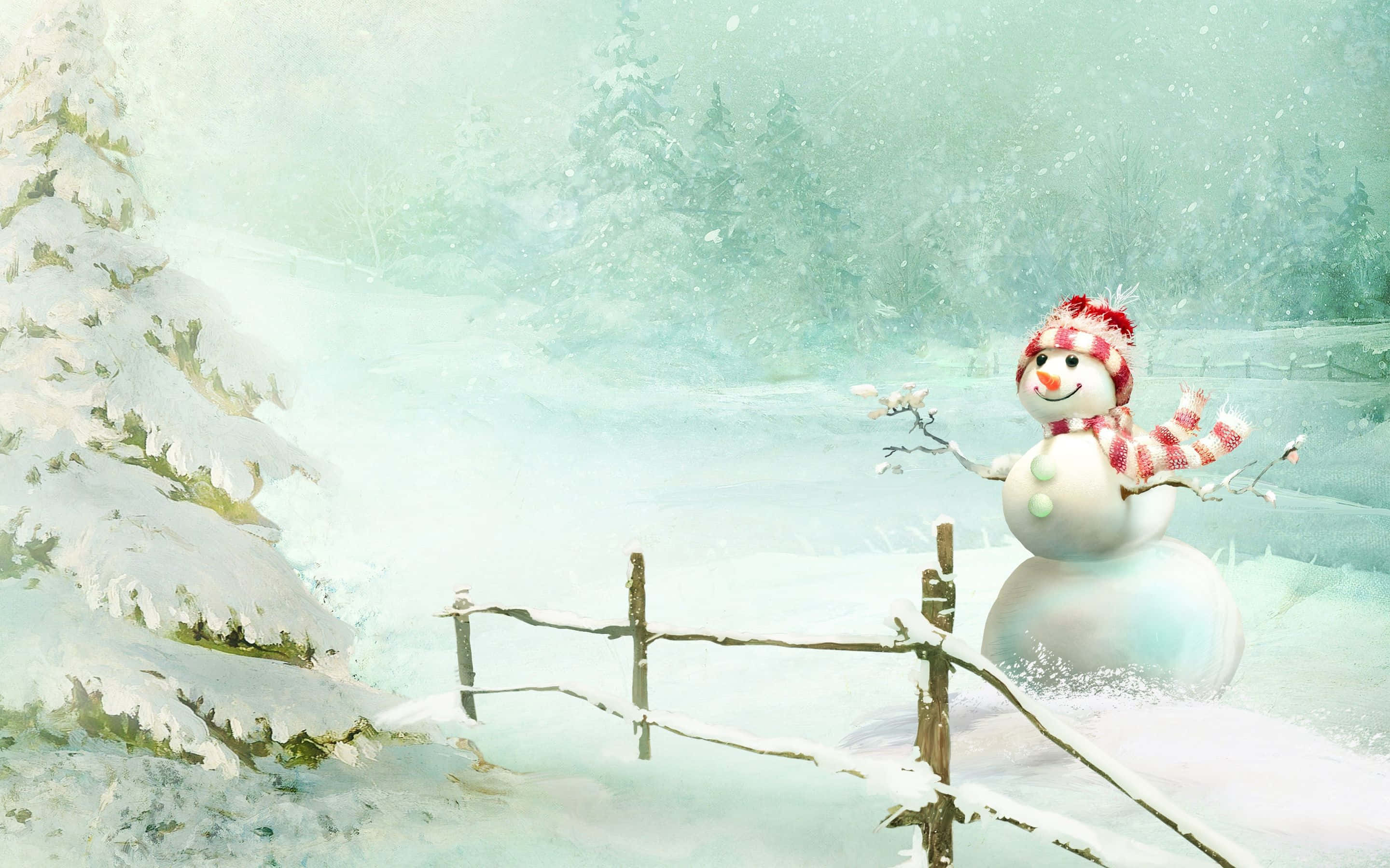 Christmas Snowman, red and white striped hat, red and white striped scarf, 2K Desktop Wallpaper