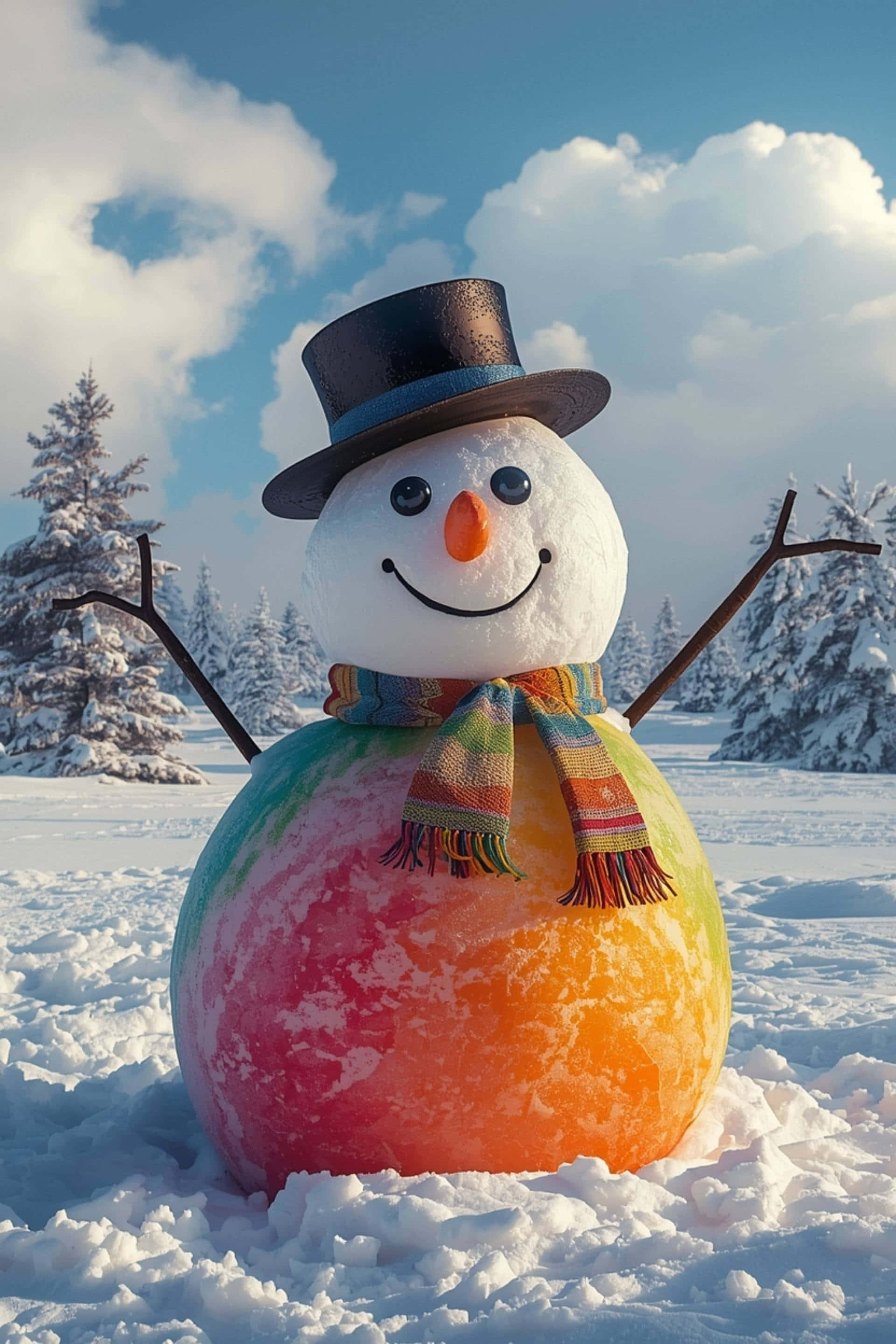 rainbow snowman, rainbow gradient body, top hat, 2K Phone Wallpaper