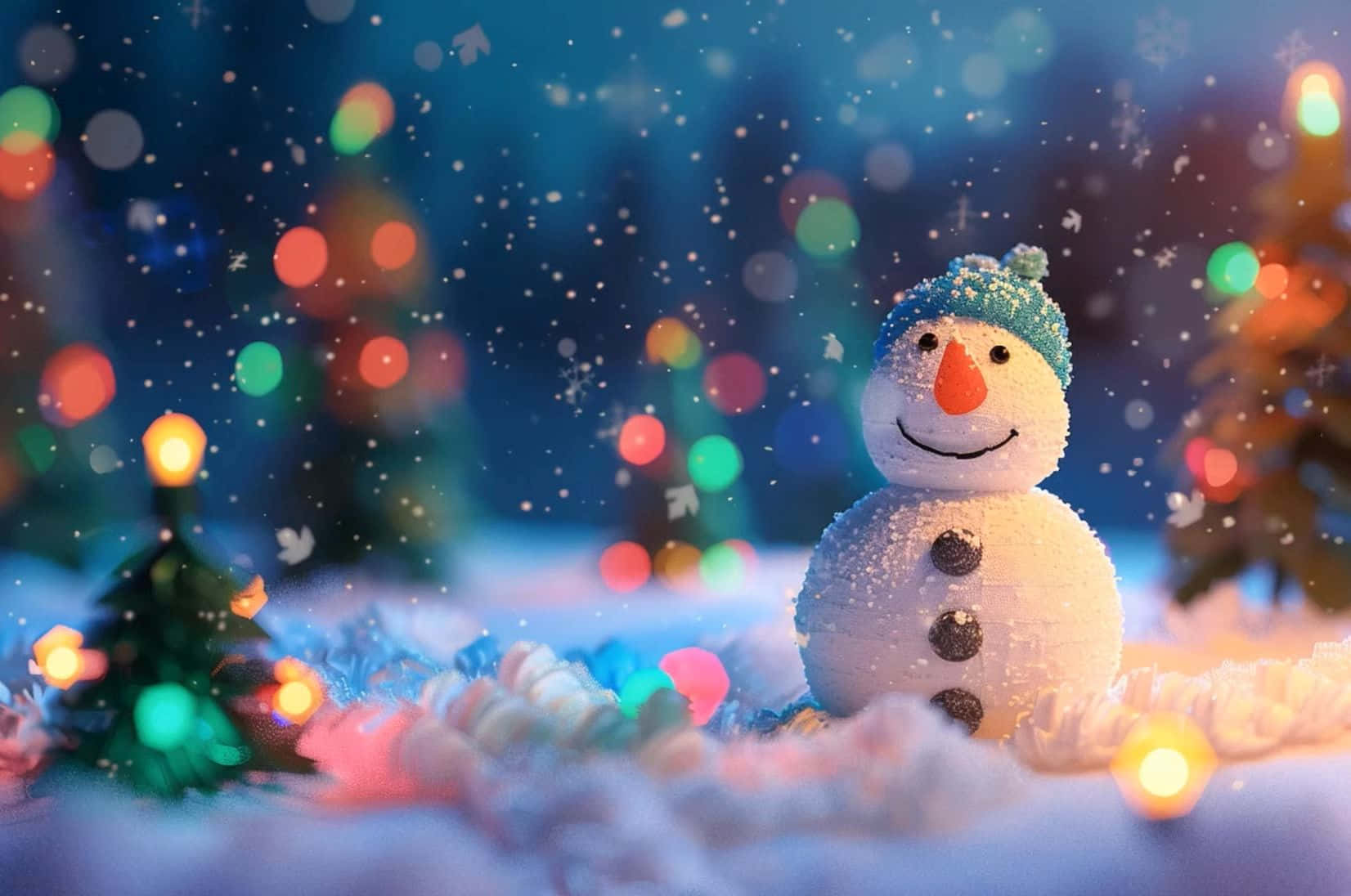 Christmas Snowman, blue knit hat, glowing festive lights, HD Desktop Wallpaper