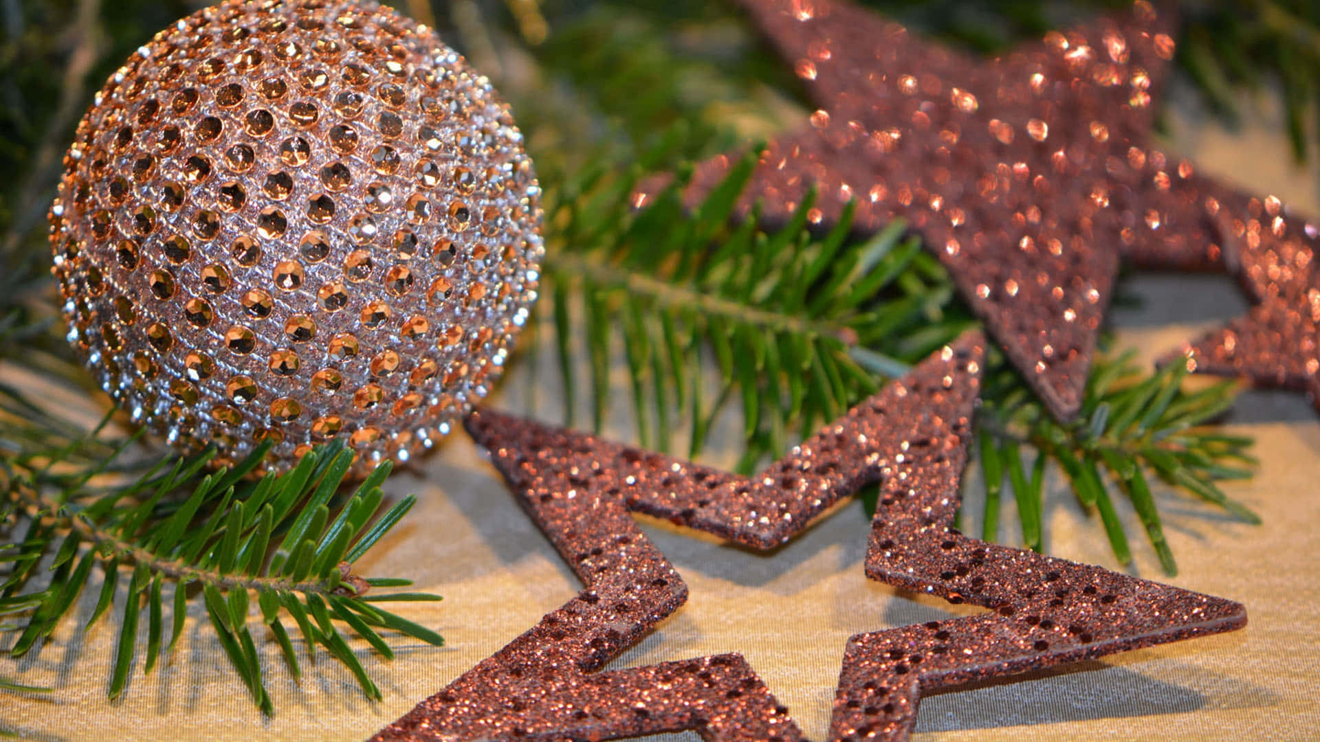 Christmas Star, rose gold, pine needles, Full HD Desktop Wallpaper
