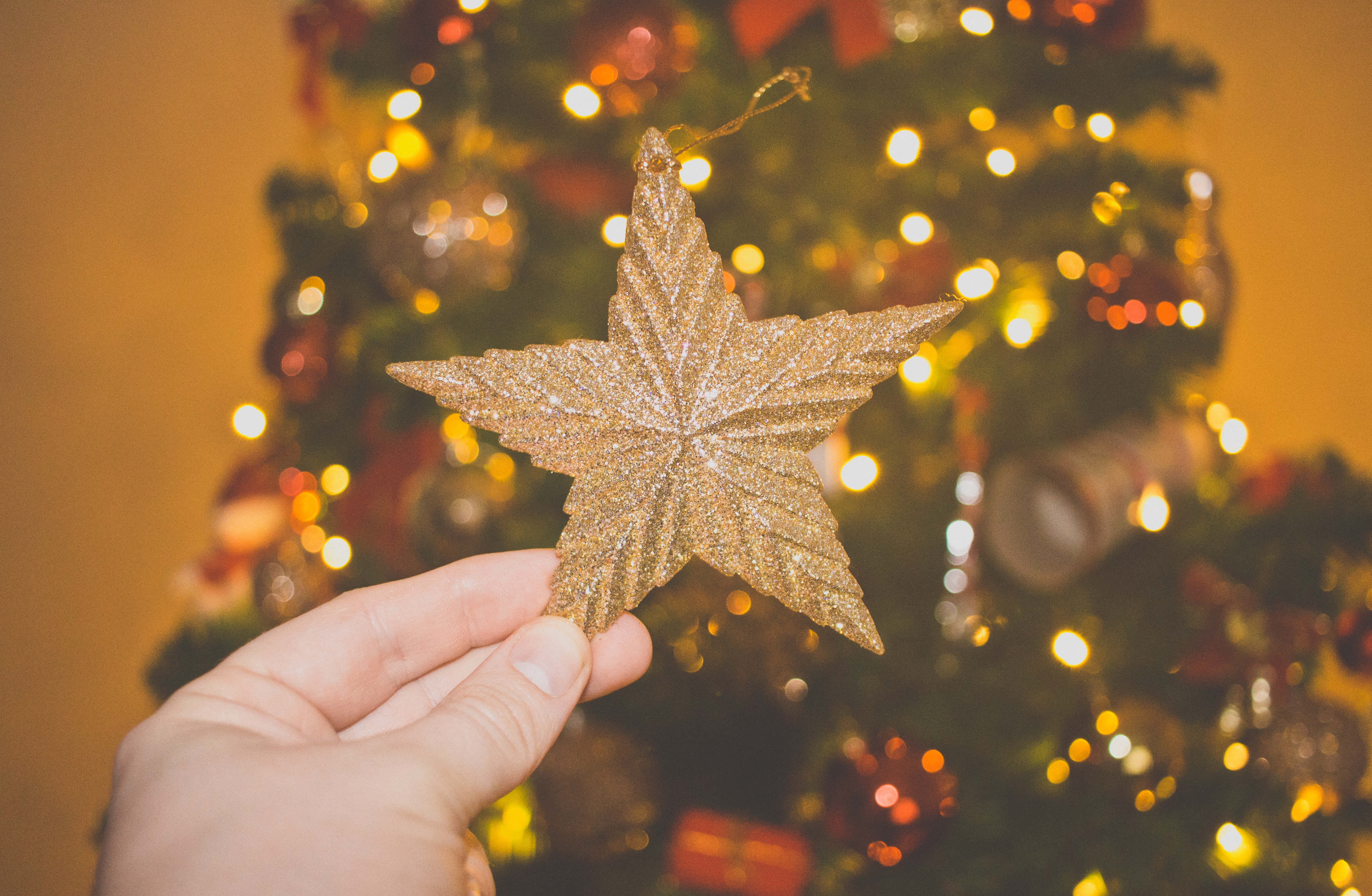 Christmas Star, glittering gold star ornament, warmly lit Christmas tree, 4K Desktop Wallpaper