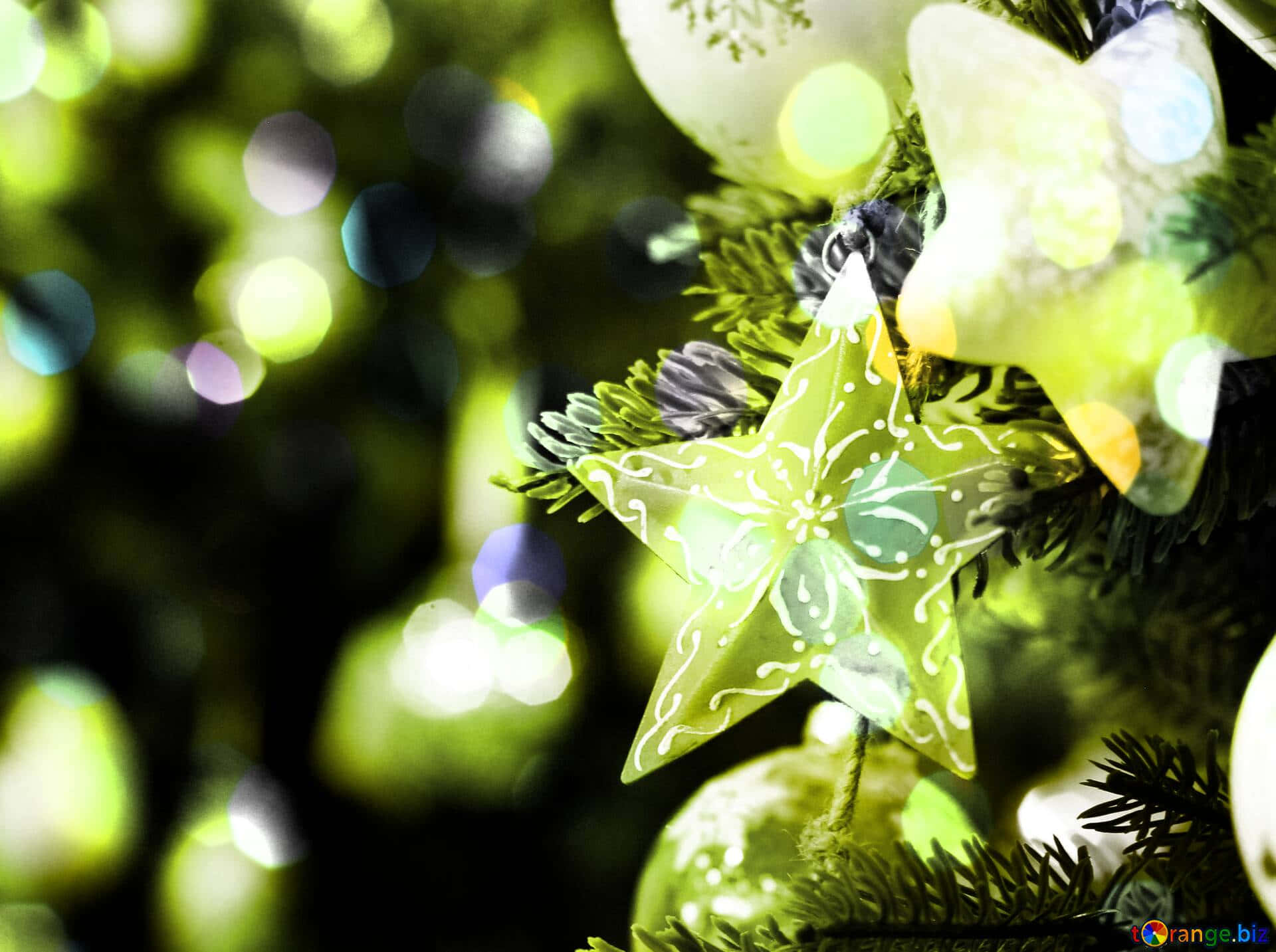 Christmas Star, glowing green star ornaments, Christmas tree, Full HD Desktop Wallpaper