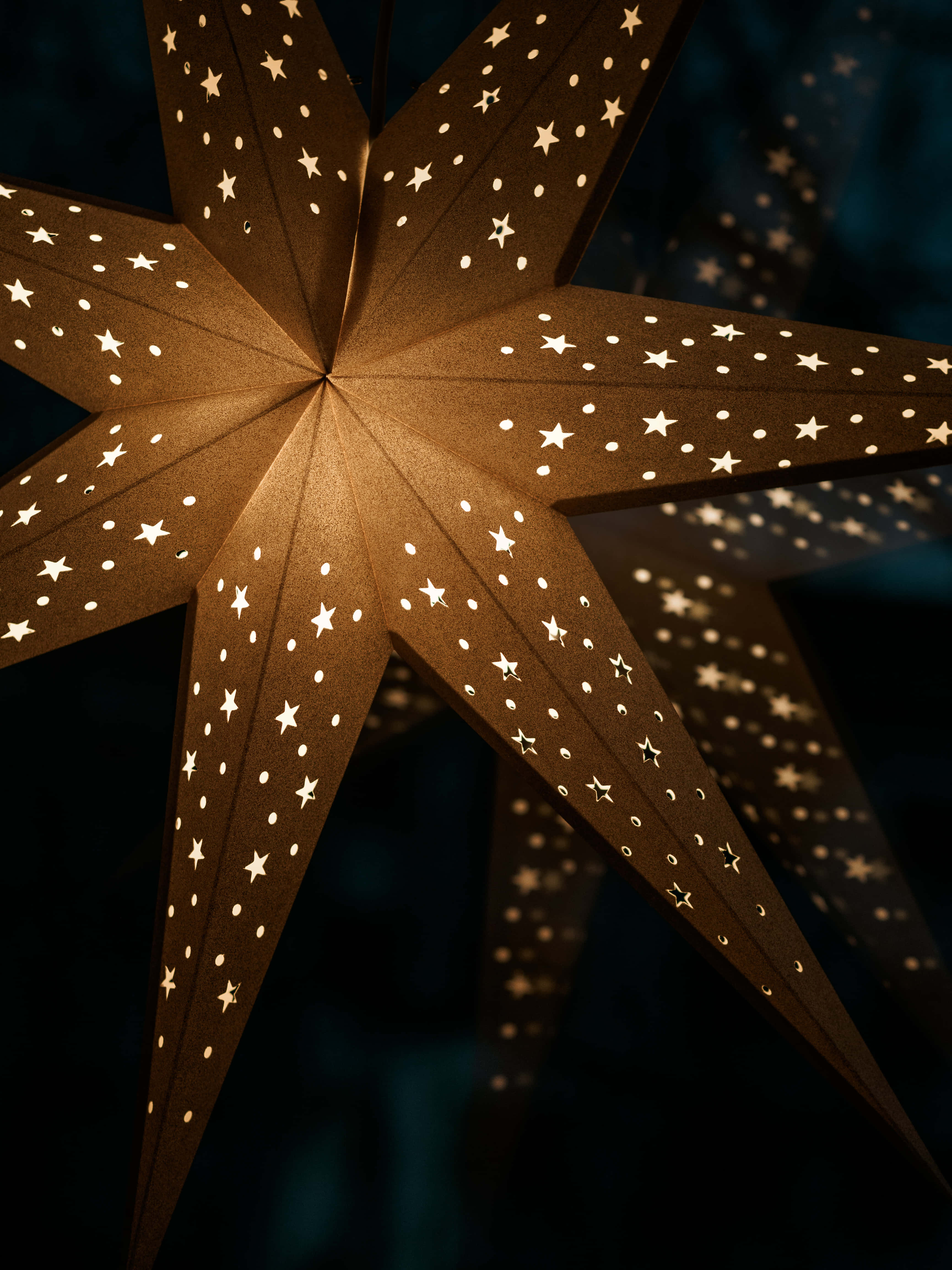 Christmas Star, glowing paper star lantern, star and dot cutouts, 4K Phone Wallpaper
