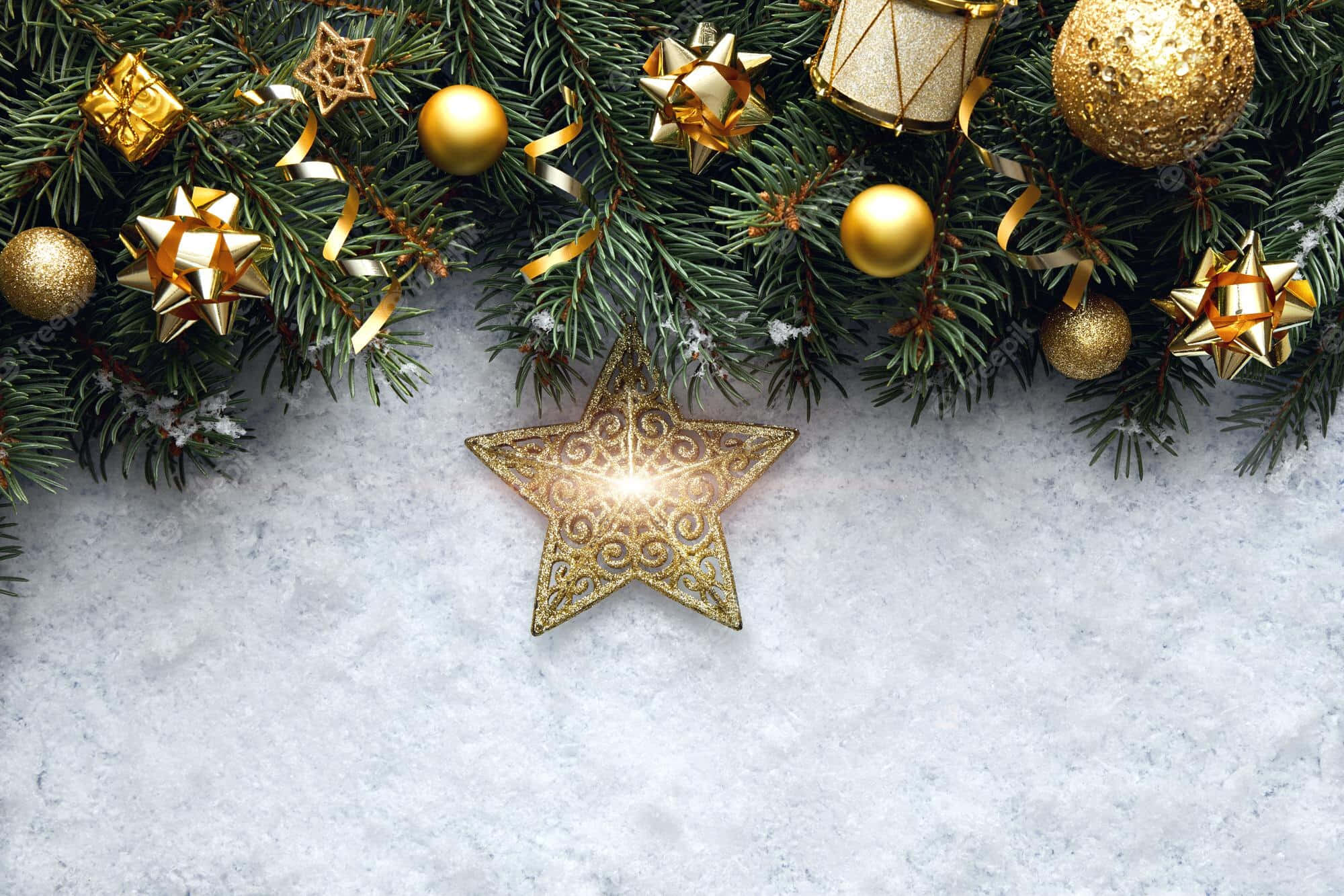 Christmas Star, golden Christmas ornaments, pine branches, Full HD Desktop Wallpaper