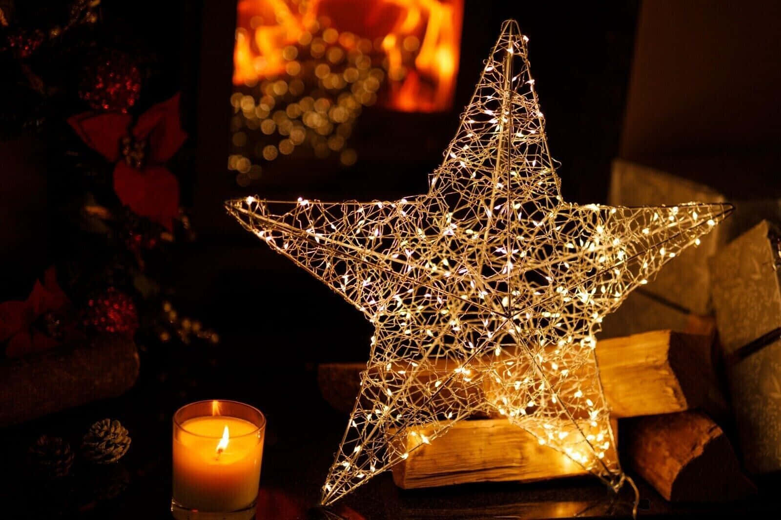 twinkling silver Christmas star, fairy lights, candle, HD Desktop Wallpaper