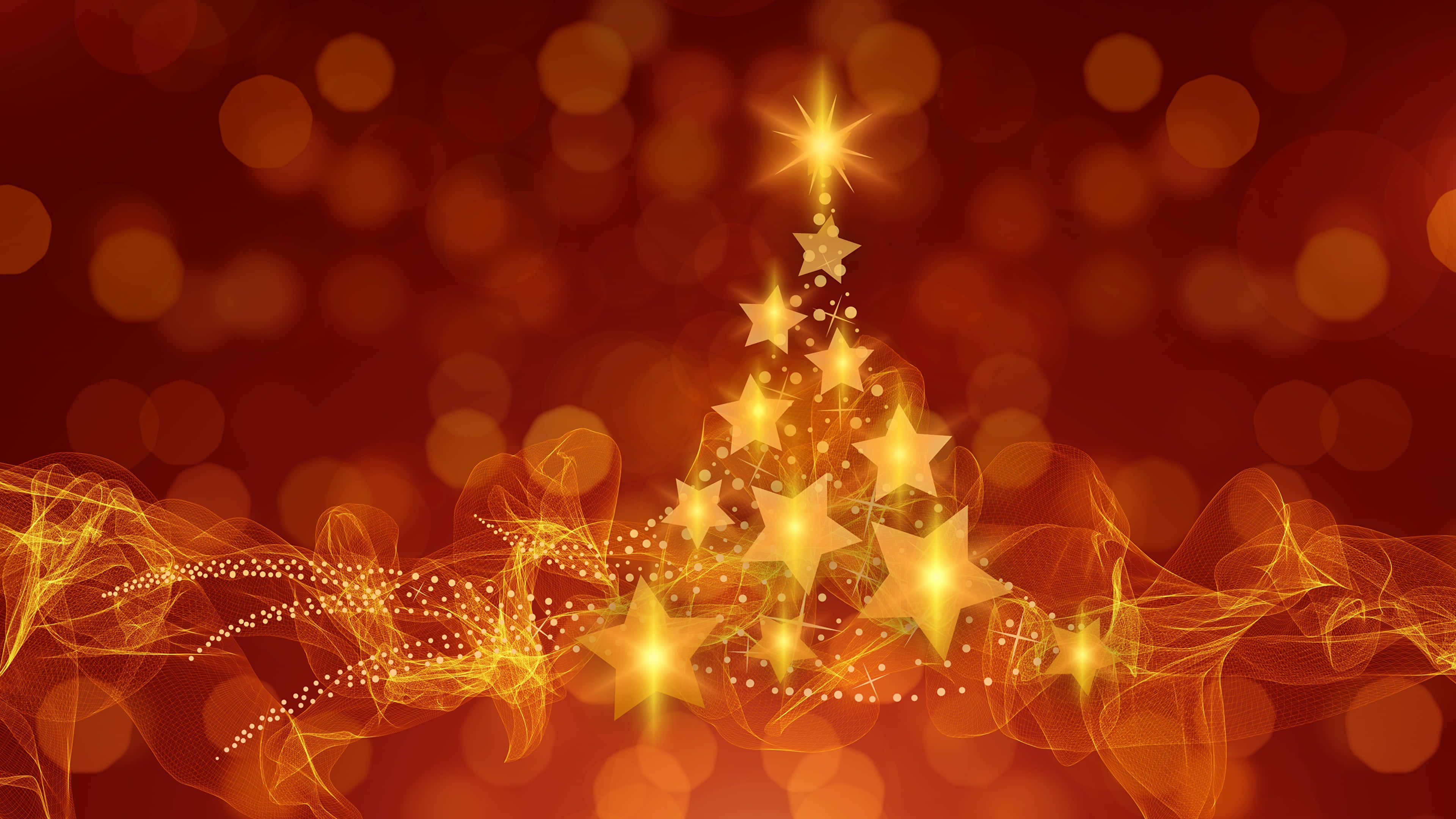 Christmas star, glowing golden star-shaped Christmas tree, sparkling lights, 4K Desktop Wallpaper