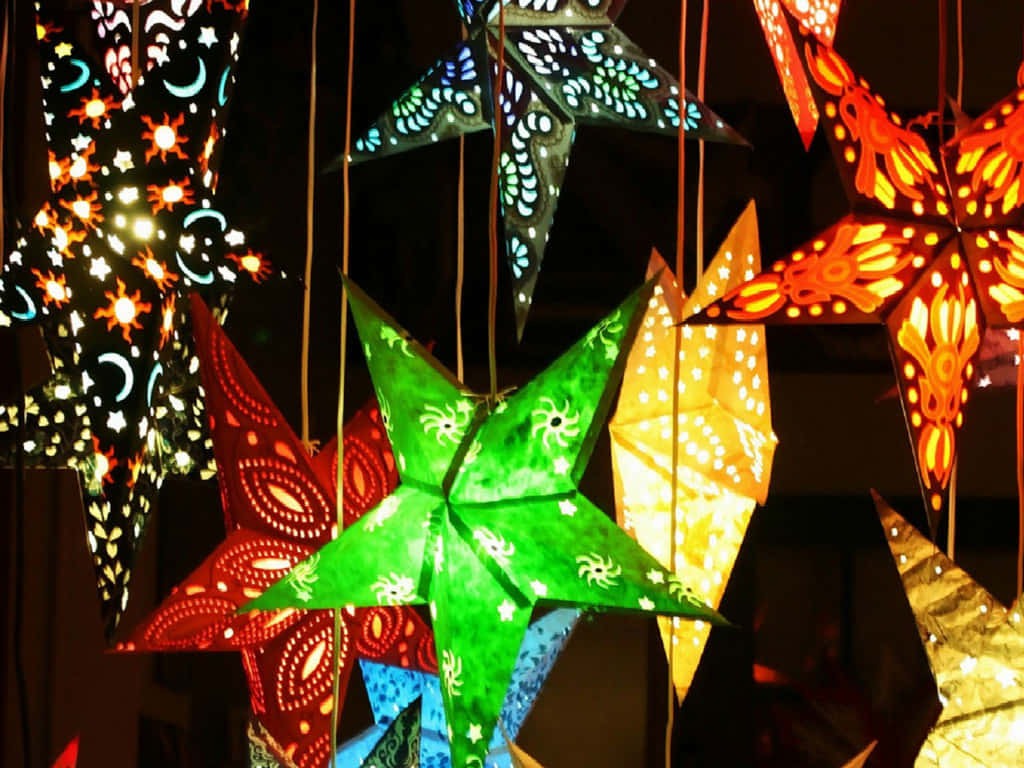 Christmas Star, colorful star-shaped lanterns, intricate cutouts, SD Desktop Wallpaper