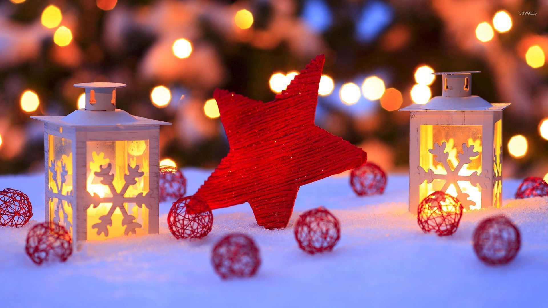 Christmas Star, glowing lanterns, snowflakes, Full HD Desktop Wallpaper