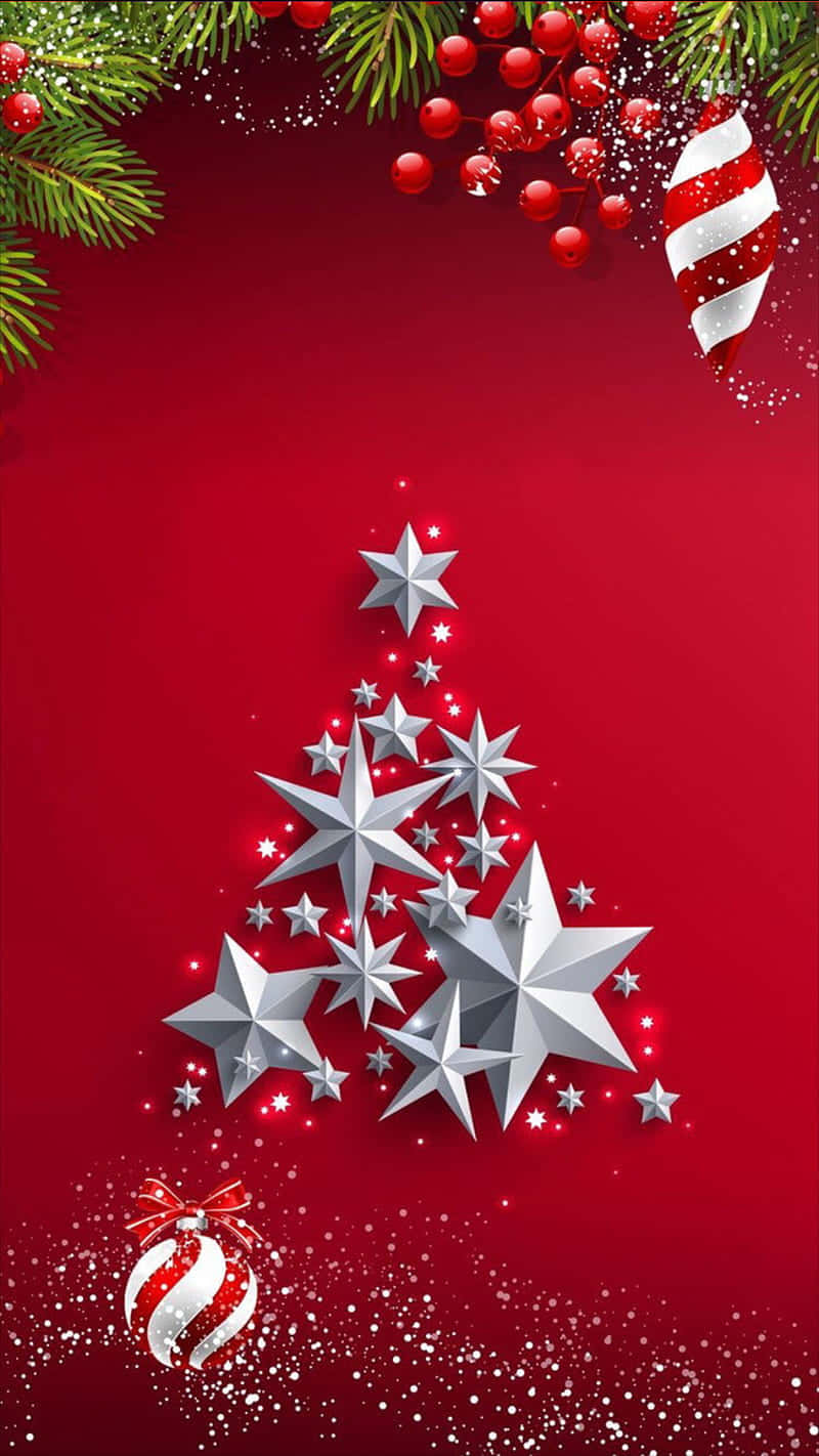 Christmas tree, silver stars, red background, HD Phone Wallpaper