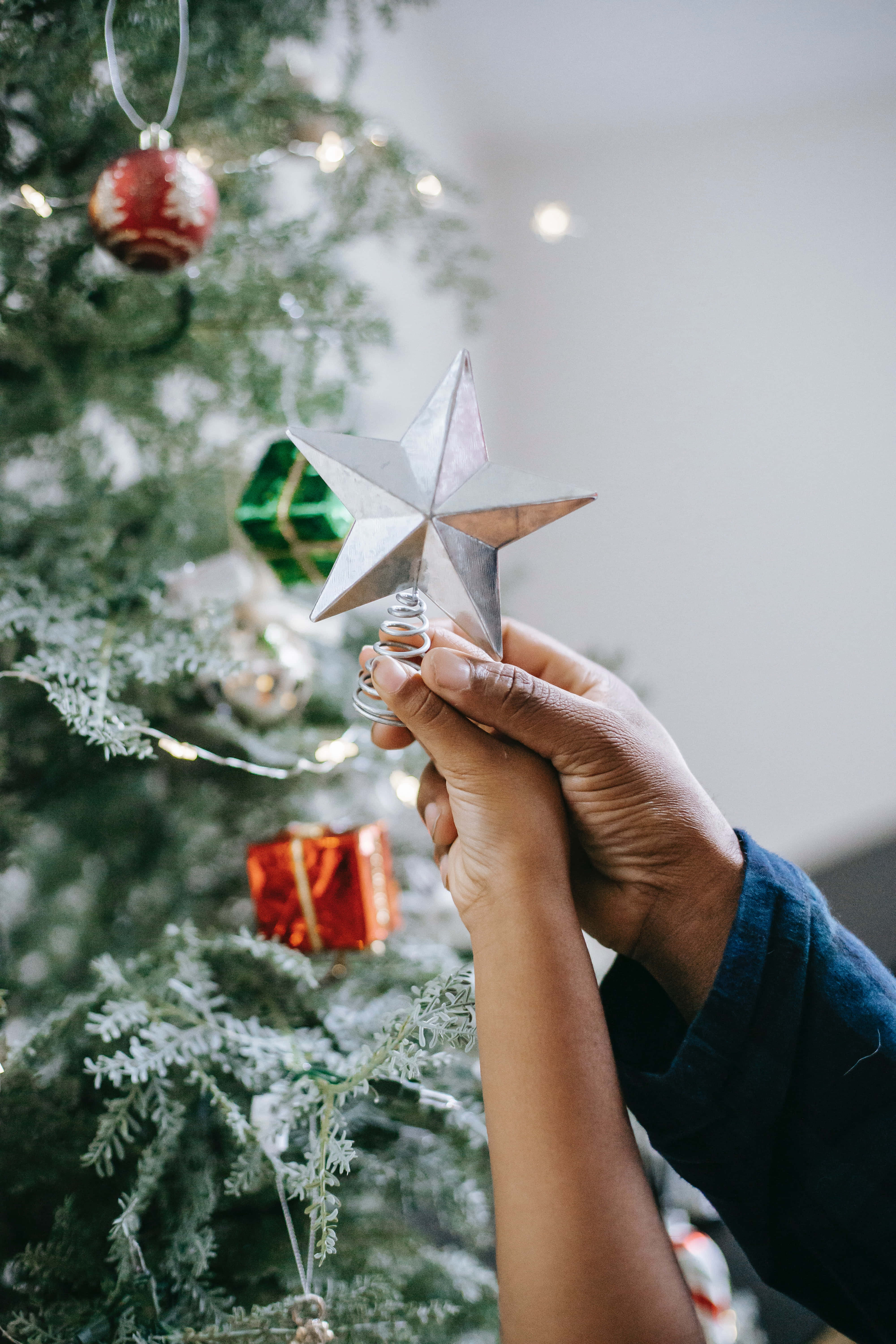 Christmas Star, silver star tree topper, evergreen Christmas tree, 5K Phone Wallpaper