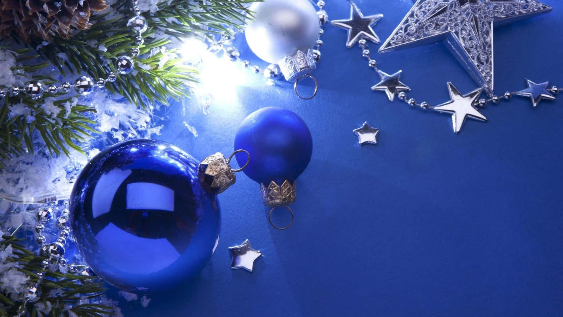 Christmas Star, shiny blue ornaments, silver stars, Full HD Desktop Wallpaper