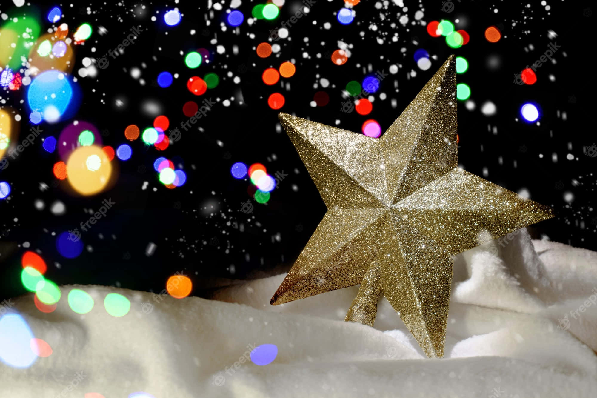 Christmas Star, glittering gold star, fluffy white snow, Full HD Desktop Wallpaper