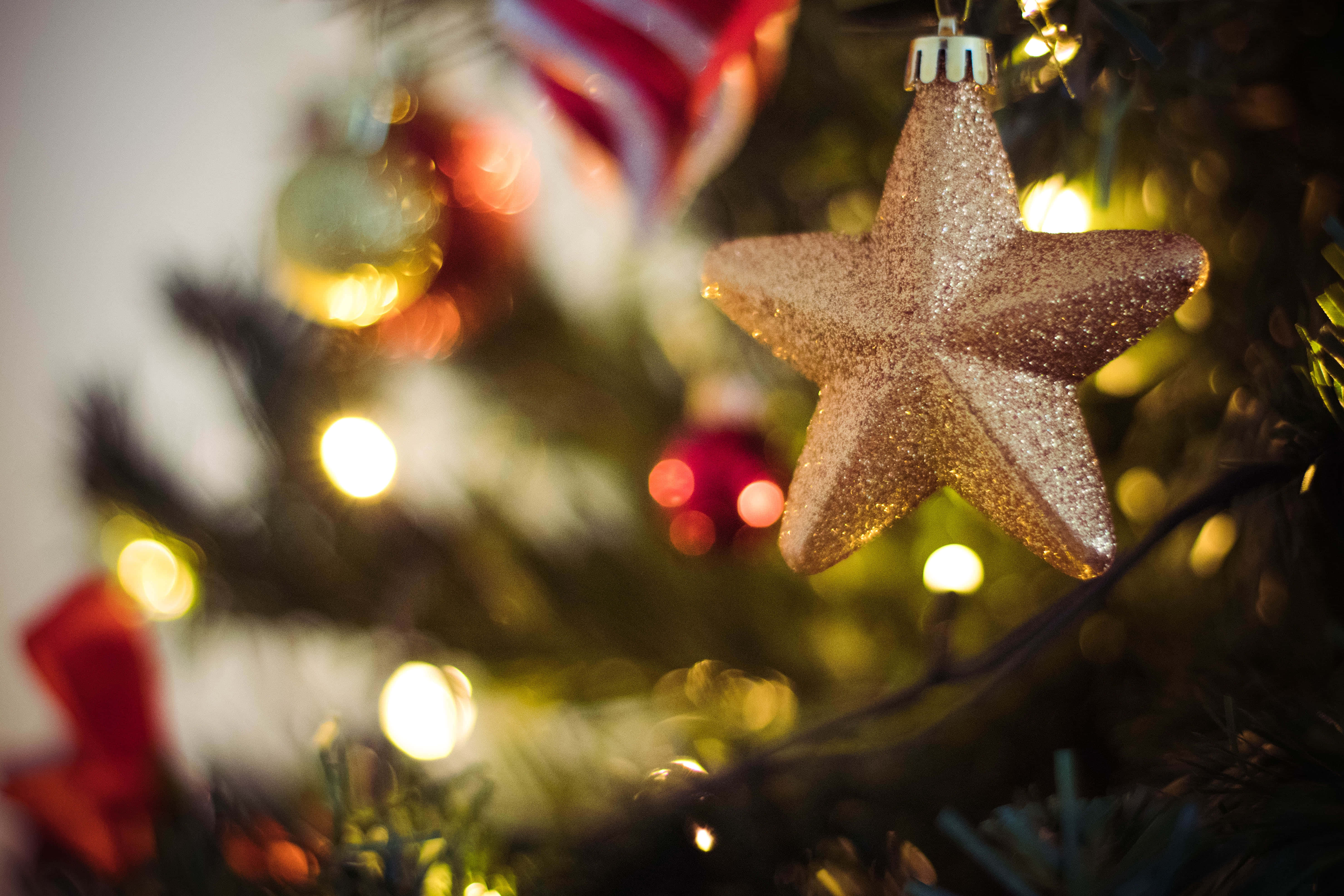 Christmas Star, glittering gold star ornament, softly blurred Christmas tree, 5K Desktop Wallpaper