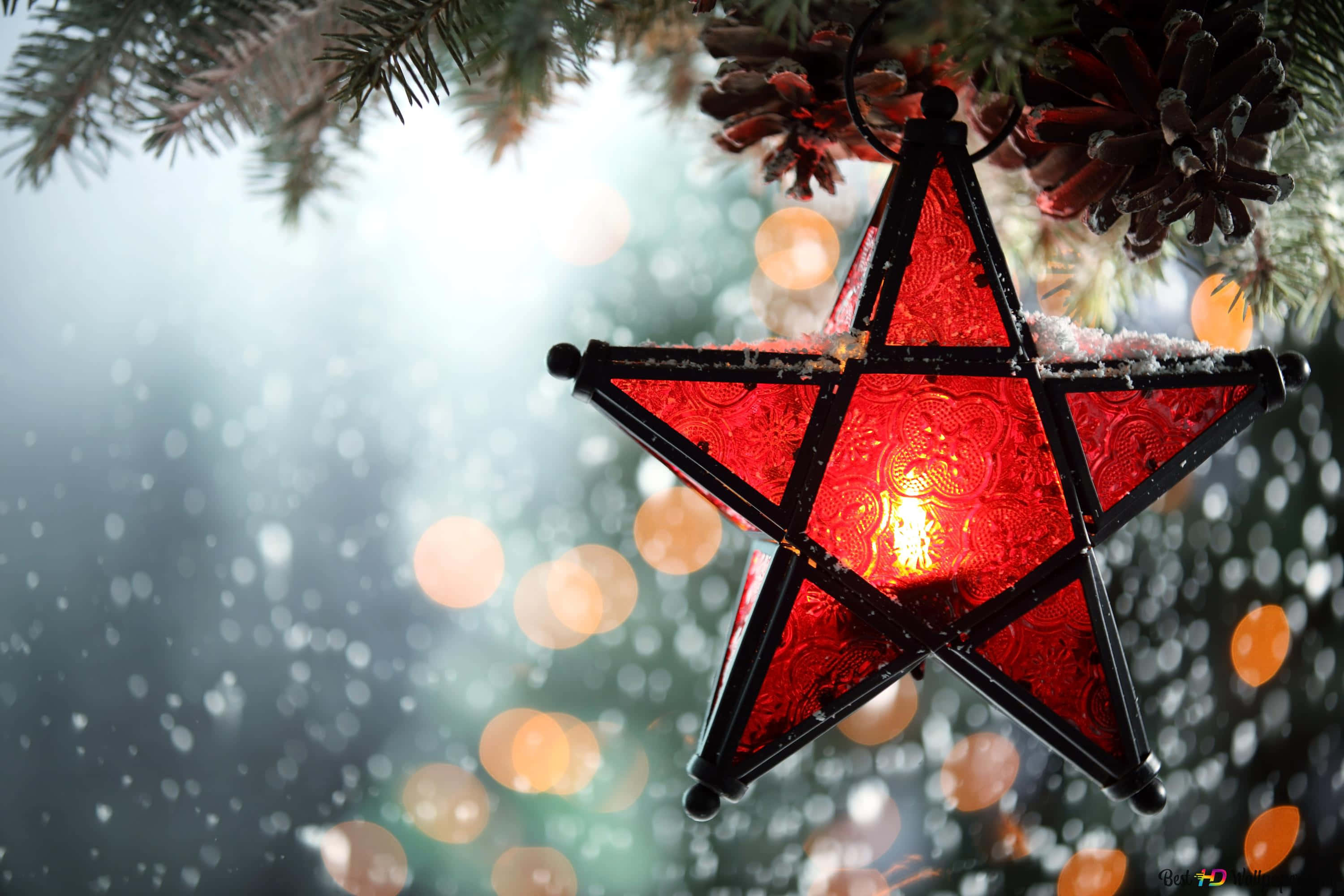 Christmas Star, glowing red star ornament, dusted with snow, 2K Desktop Wallpaper