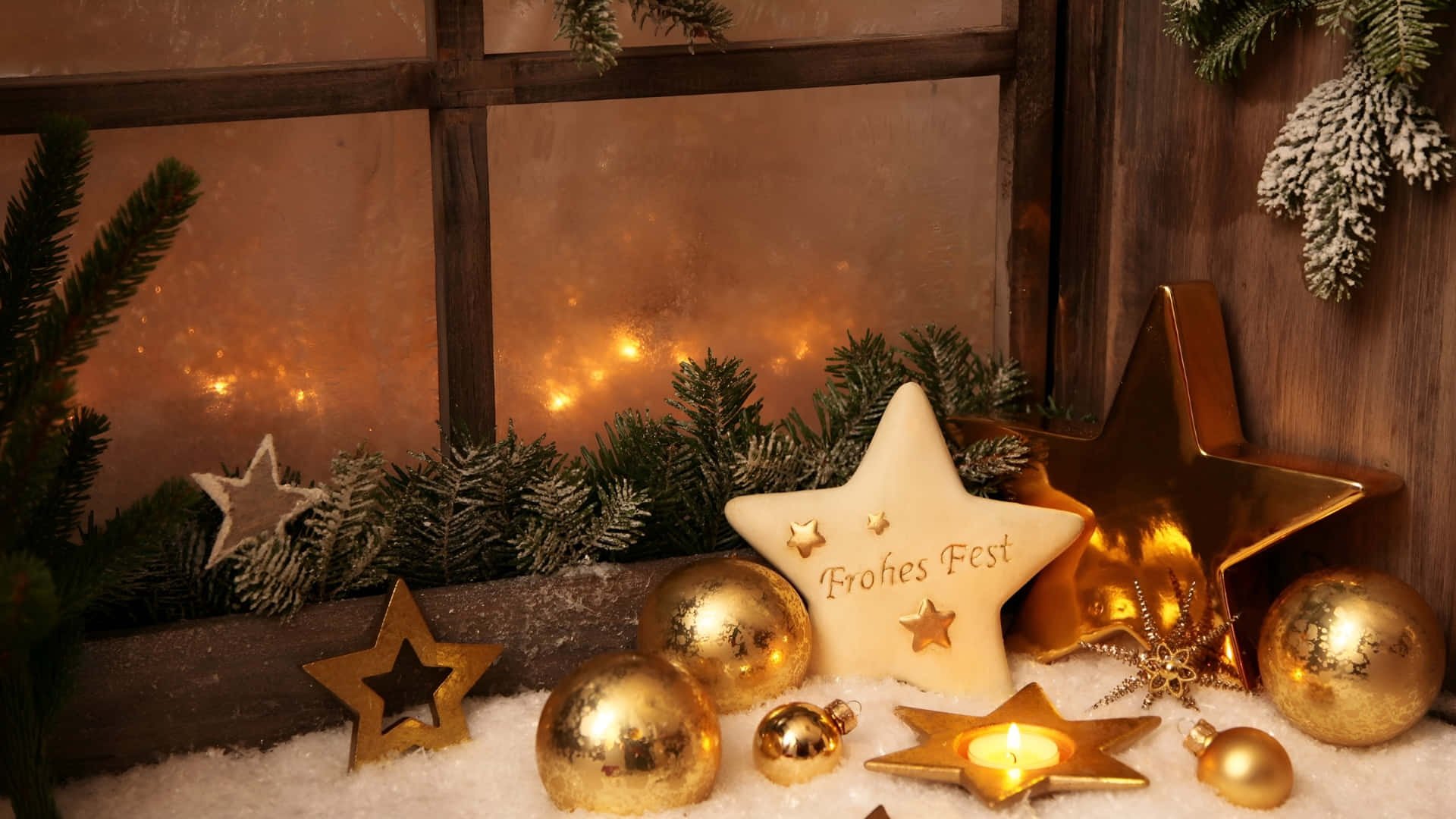 Christmas Star, golden ornaments, candle glow, Full HD Desktop Wallpaper
