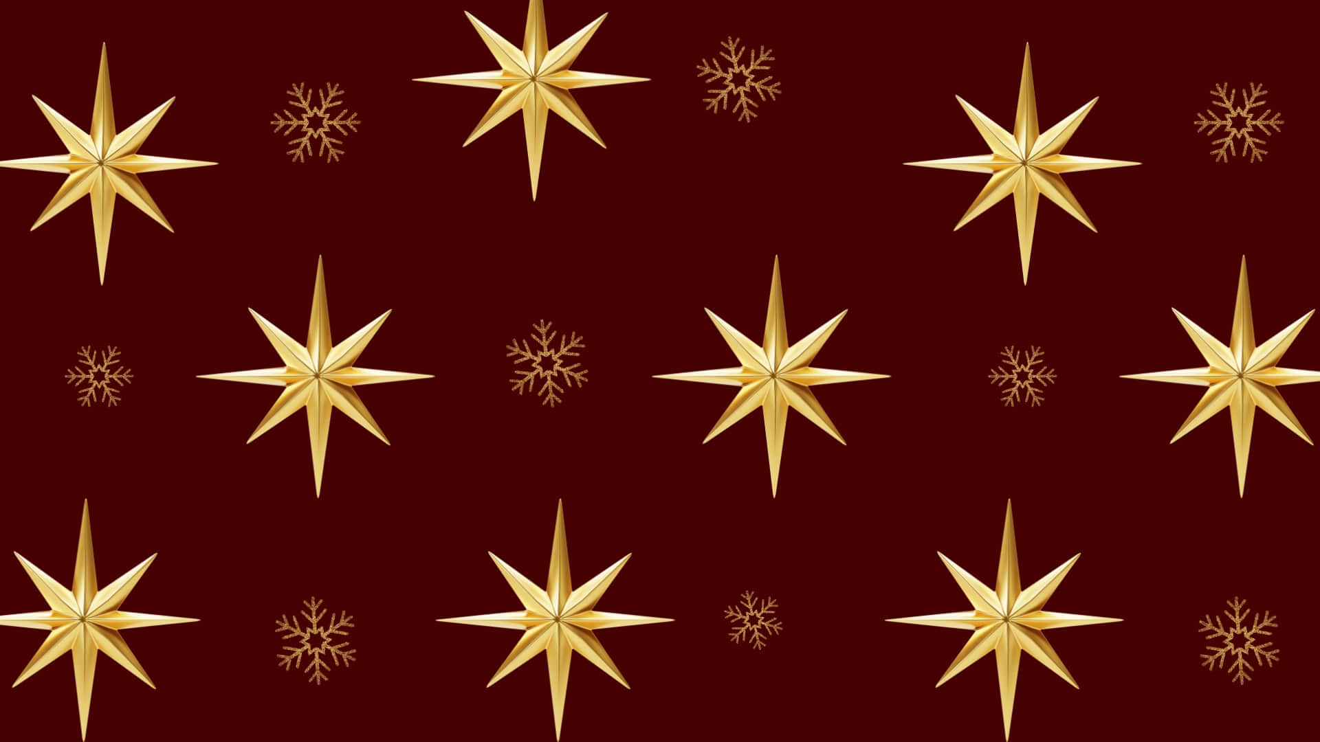 golden Christmas stars, snowflakes, deep red background, Full HD Desktop Wallpaper