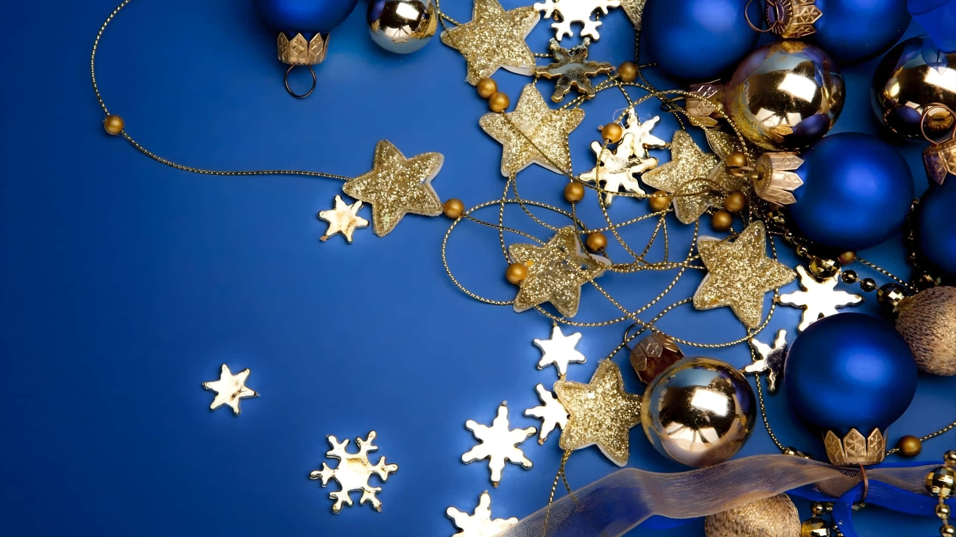 Christmas Star, shimmering gold stars, blue ornaments, Full HD Desktop Wallpaper