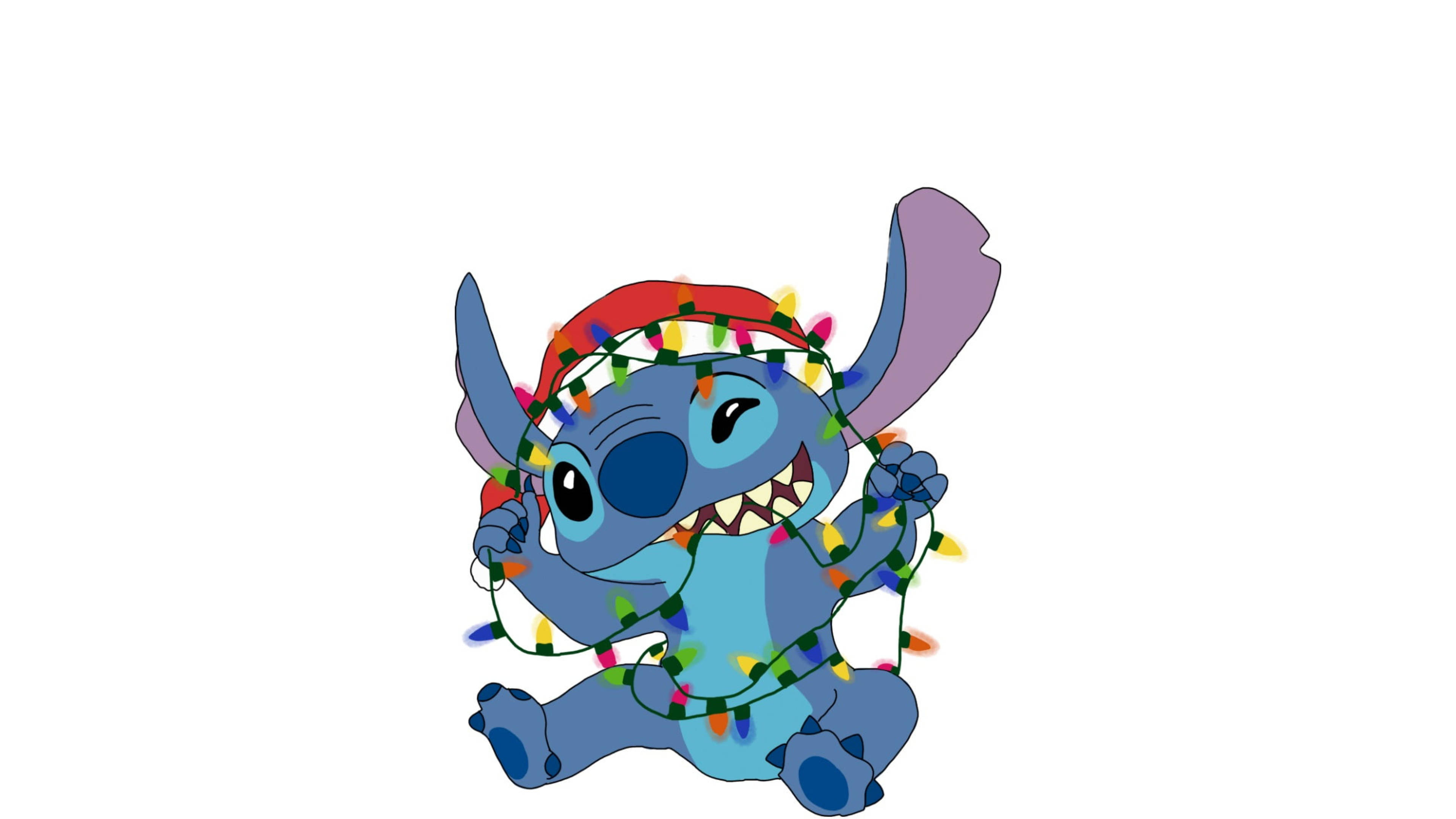 white Christmas stitch, blue alien character, red Santa hat, 4K Desktop Wallpaper
