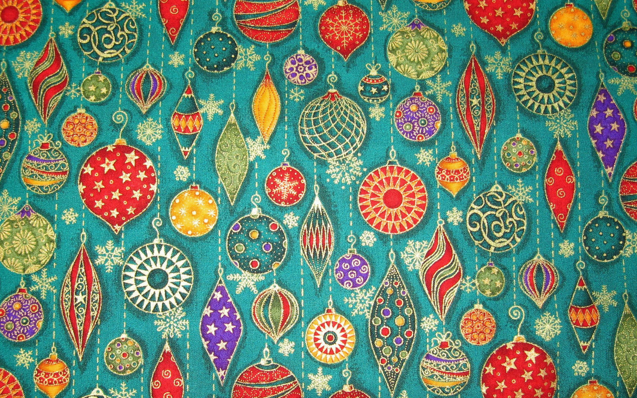 teal fabric, Christmas ornaments, red gold, 2K Desktop Wallpaper