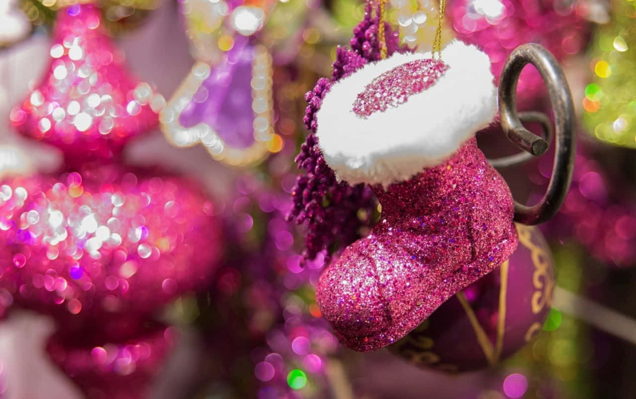 Pink Christmas Glitter Socks, glittering pink Christmas stocking ornament, white fur trim, HD Desktop Wallpaper