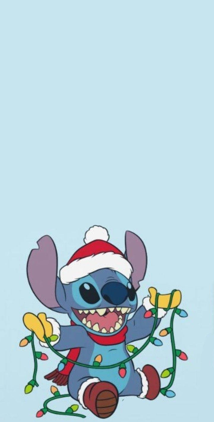 Christmas Stitch, red Santa hat, colorful Christmas lights, HD Phone Wallpaper