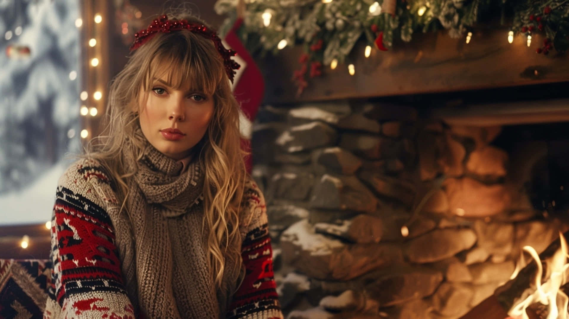 Holiday Fireside Glamour, Taylor Swift, festive knit sweater, Full HD Desktop Wallpaper